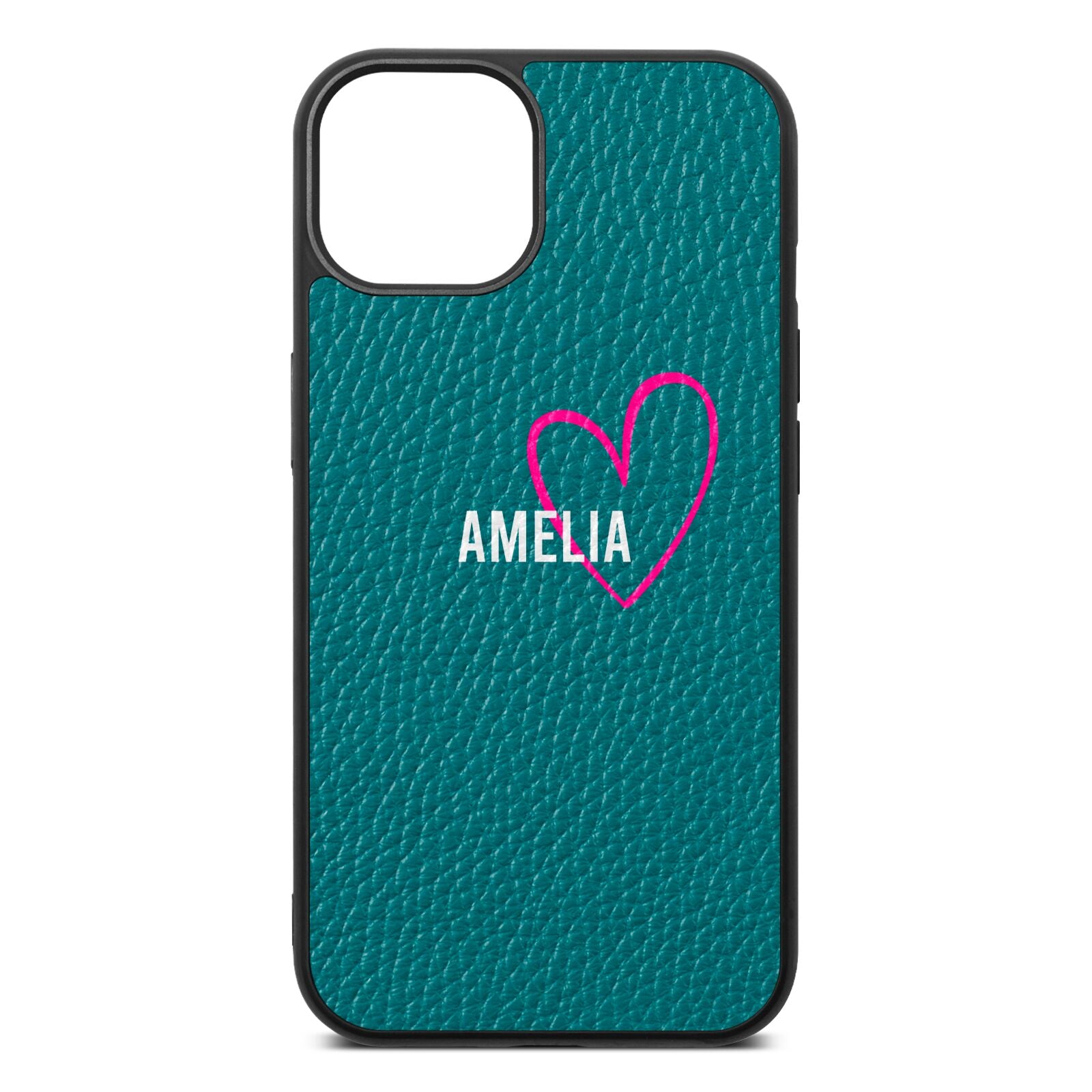 Personalised Font With Heart Green Pebble Leather iPhone 13 Case