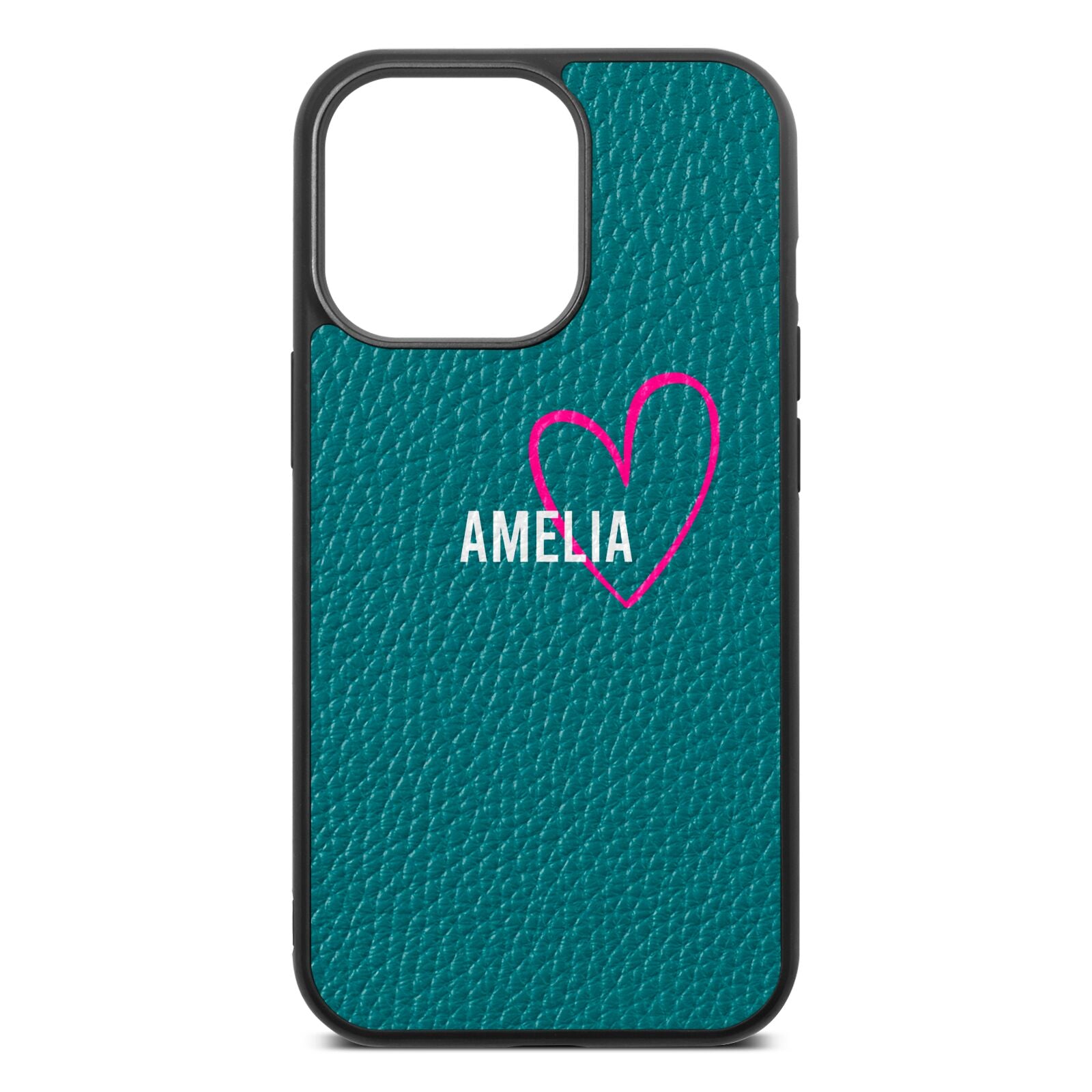 Personalised Font With Heart Green Pebble Leather iPhone 13 Pro Case