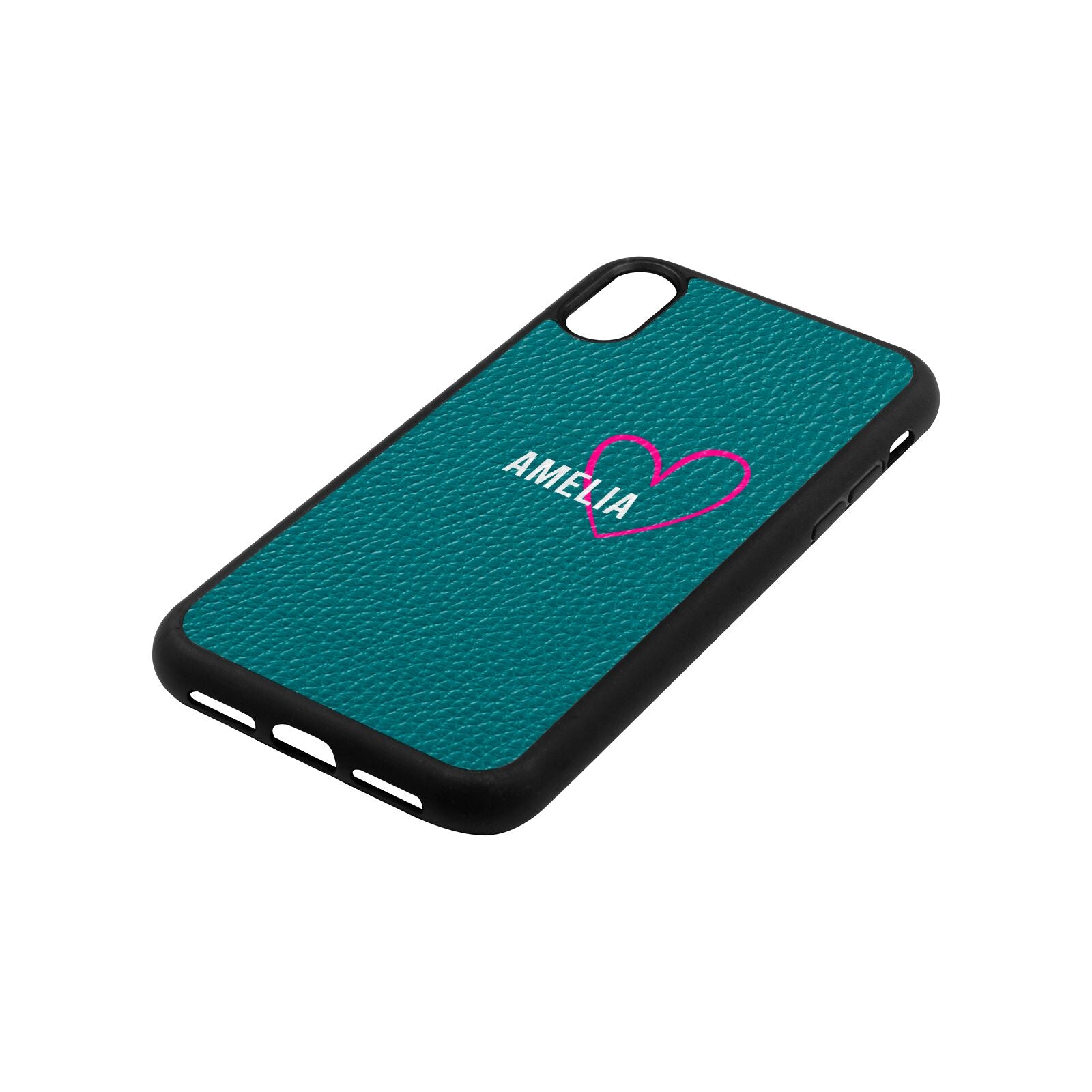 Personalised Font With Heart Green Pebble Leather iPhone Xr Case Side Angle