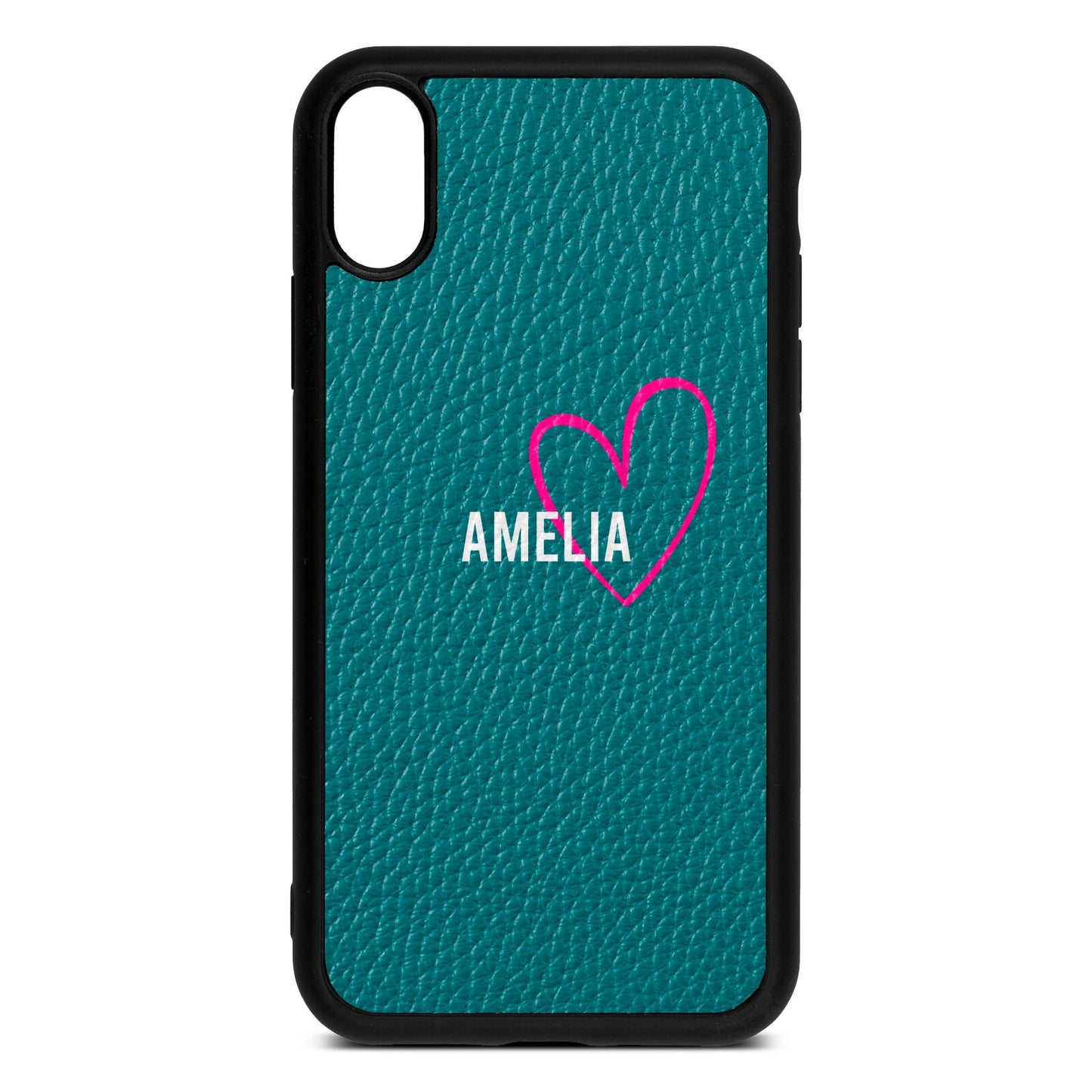 Personalised Font With Heart Green Pebble Leather iPhone Xr Case