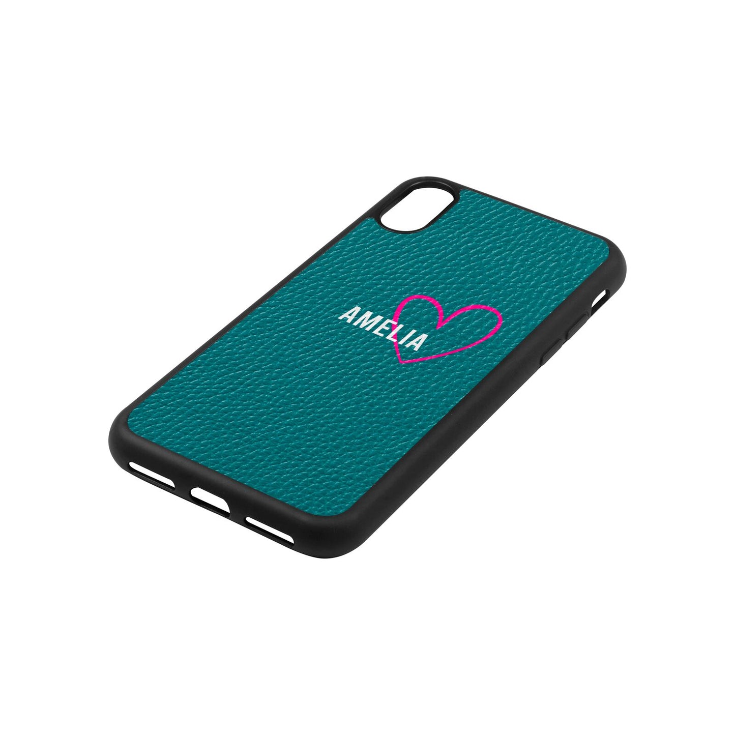 Personalised Font With Heart Green Pebble Leather iPhone Xs Case Side Angle