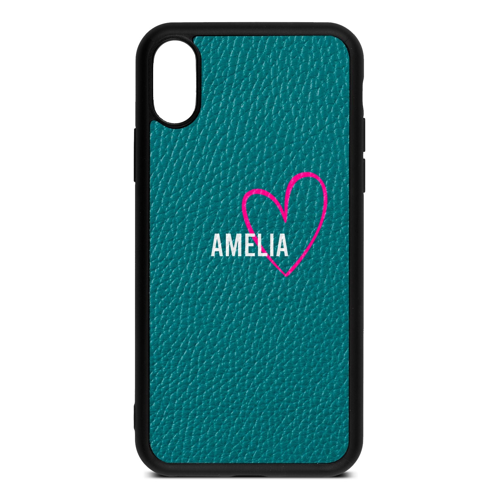 Personalised Font With Heart Green Pebble Leather iPhone Xs Case