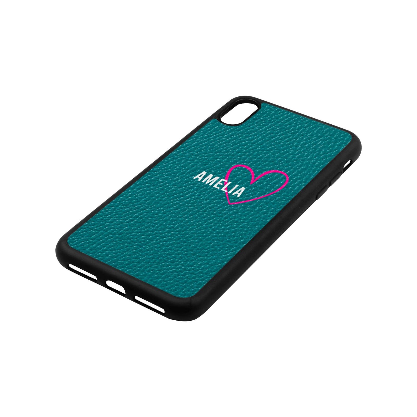 Personalised Font With Heart Green Pebble Leather iPhone Xs Max Case Side Angle