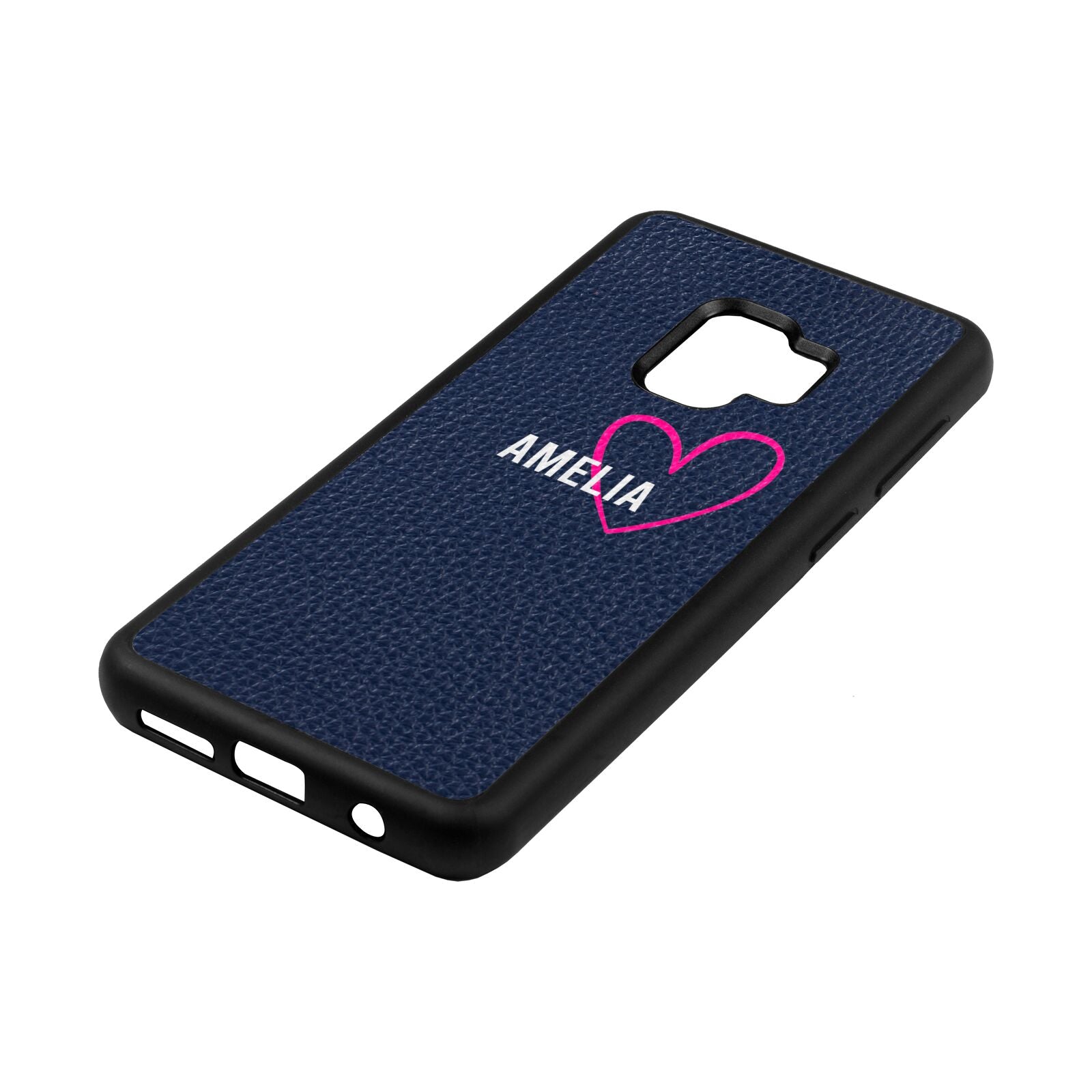 Personalised Font With Heart Navy Blue Pebble Leather Samsung S9 Case Side Angle