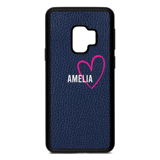 Personalised Font With Heart Navy Blue Pebble Leather Samsung S9 Case