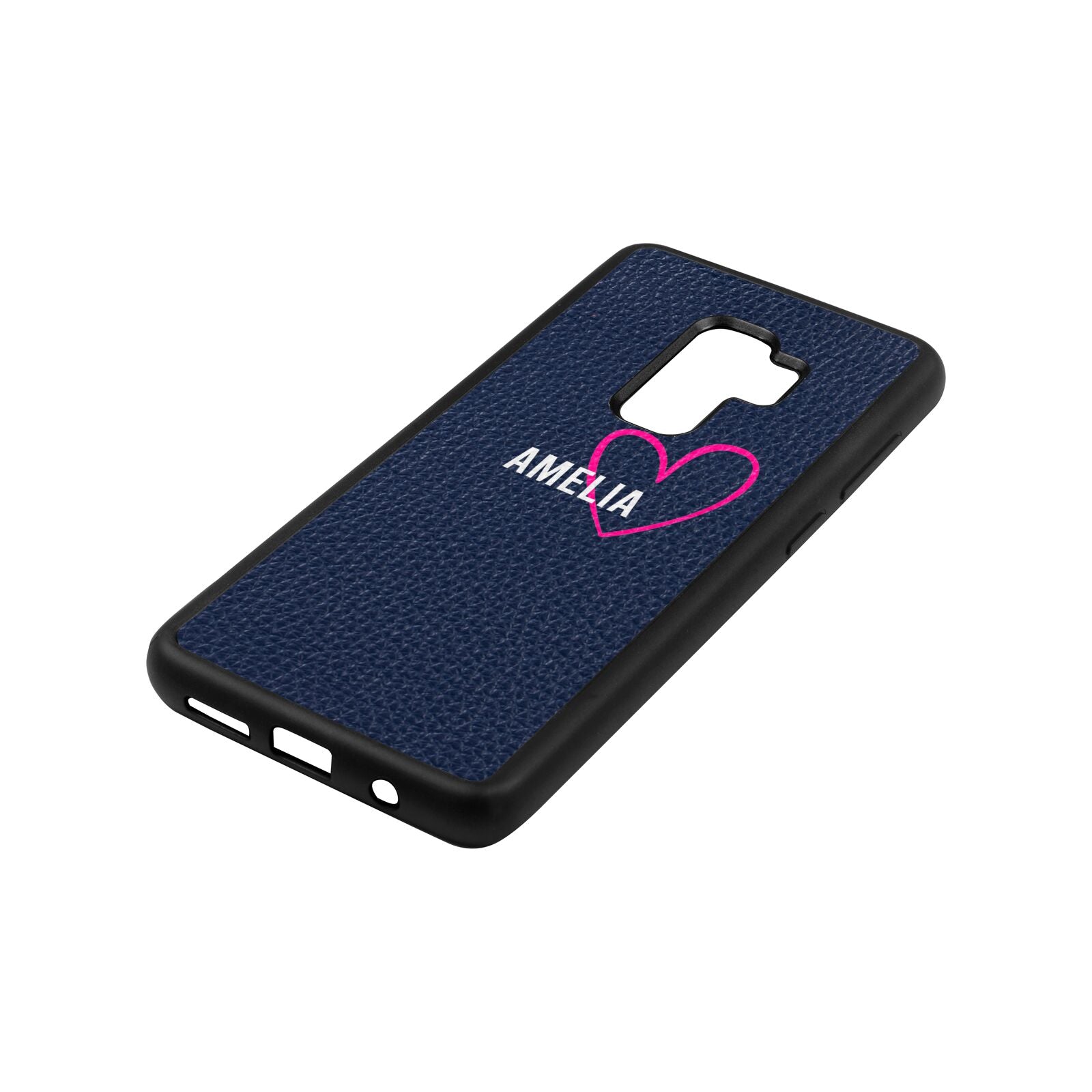 Personalised Font With Heart Navy Blue Pebble Leather Samsung S9 Plus Case Side Angle