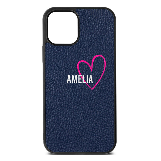 Personalised Font With Heart Navy Blue Pebble Leather iPhone 12 Case