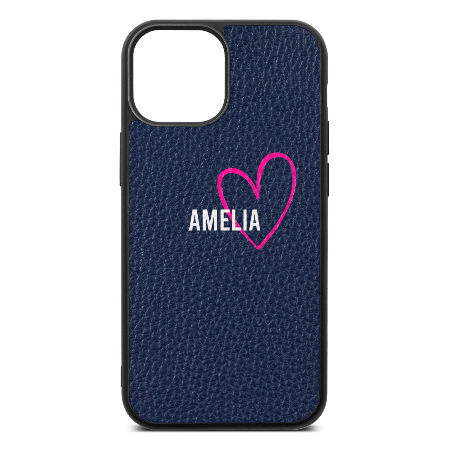 Personalised Font With Heart Navy Blue Pebble Leather iPhone 13 Mini Case