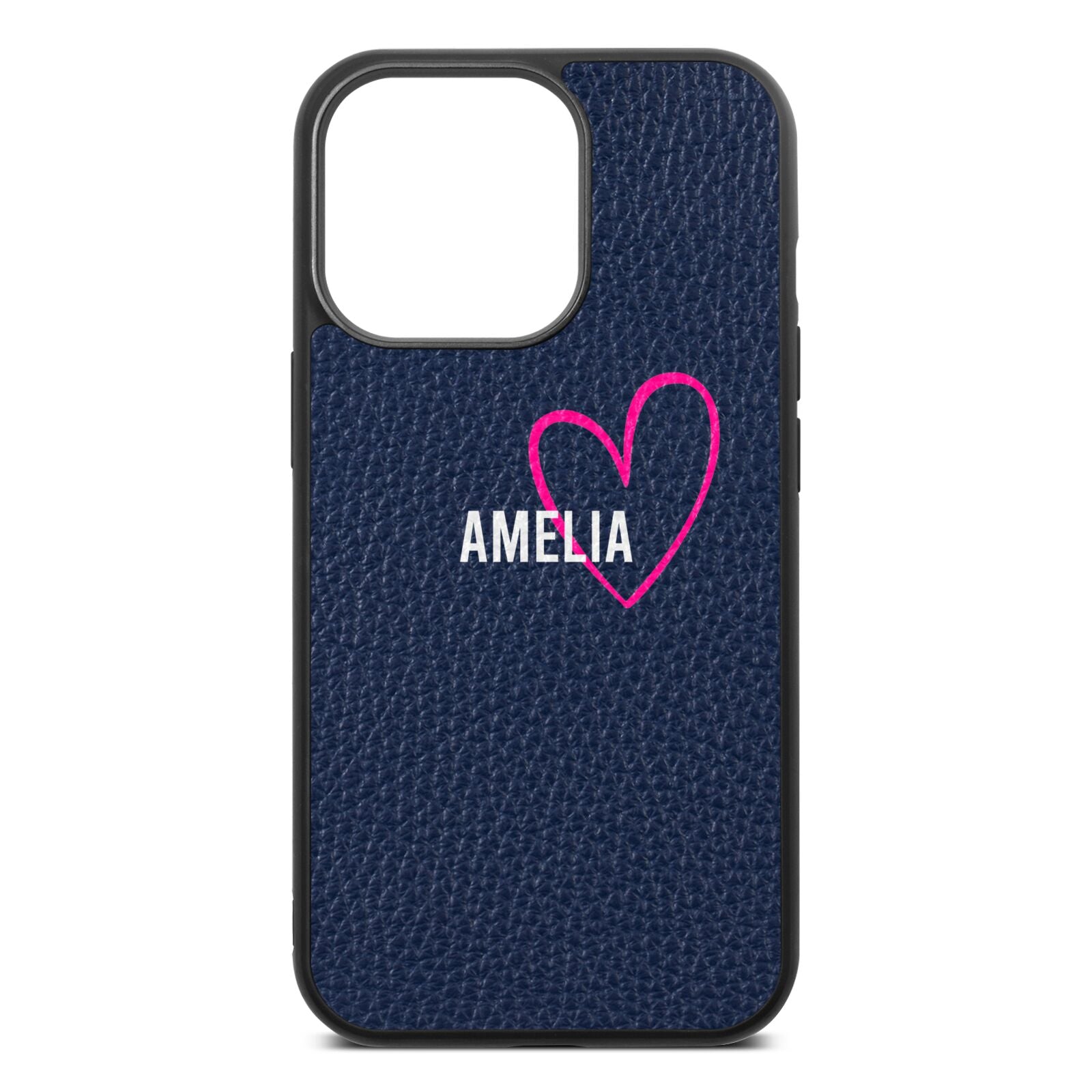 Personalised Font With Heart Navy Blue Pebble Leather iPhone 13 Pro Case