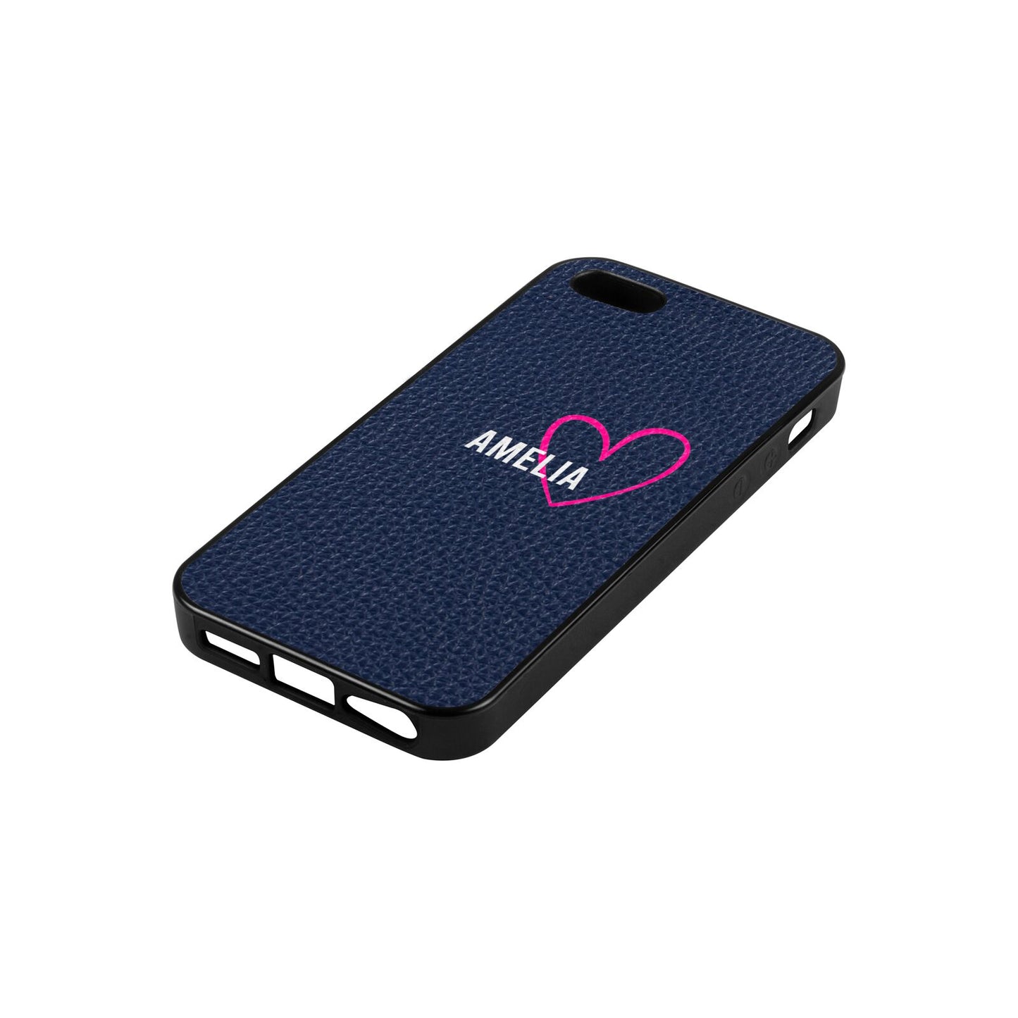 Personalised Font With Heart Navy Blue Pebble Leather iPhone 5 Case Side Angle