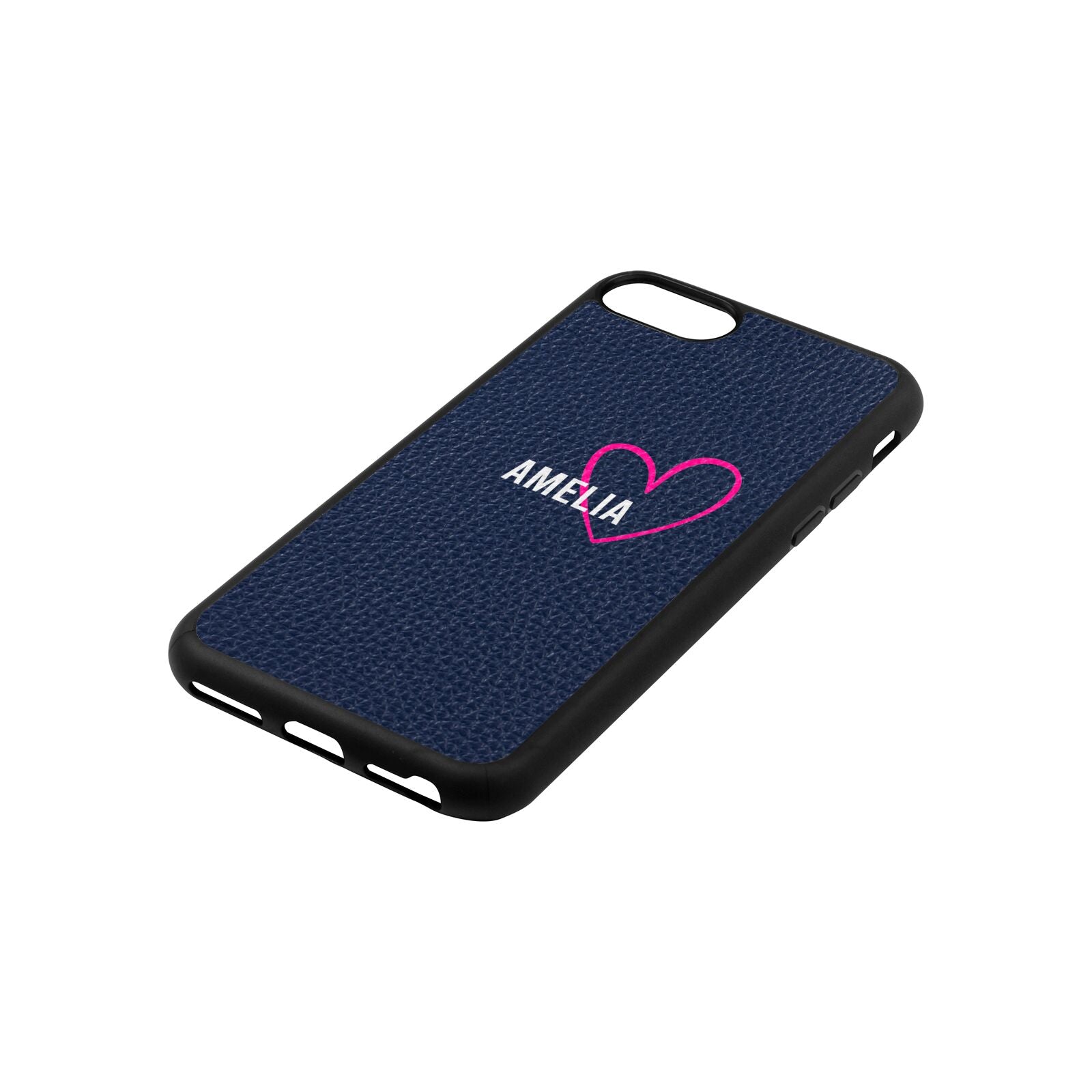 Personalised Font With Heart Navy Blue Pebble Leather iPhone 8 Case Side Angle