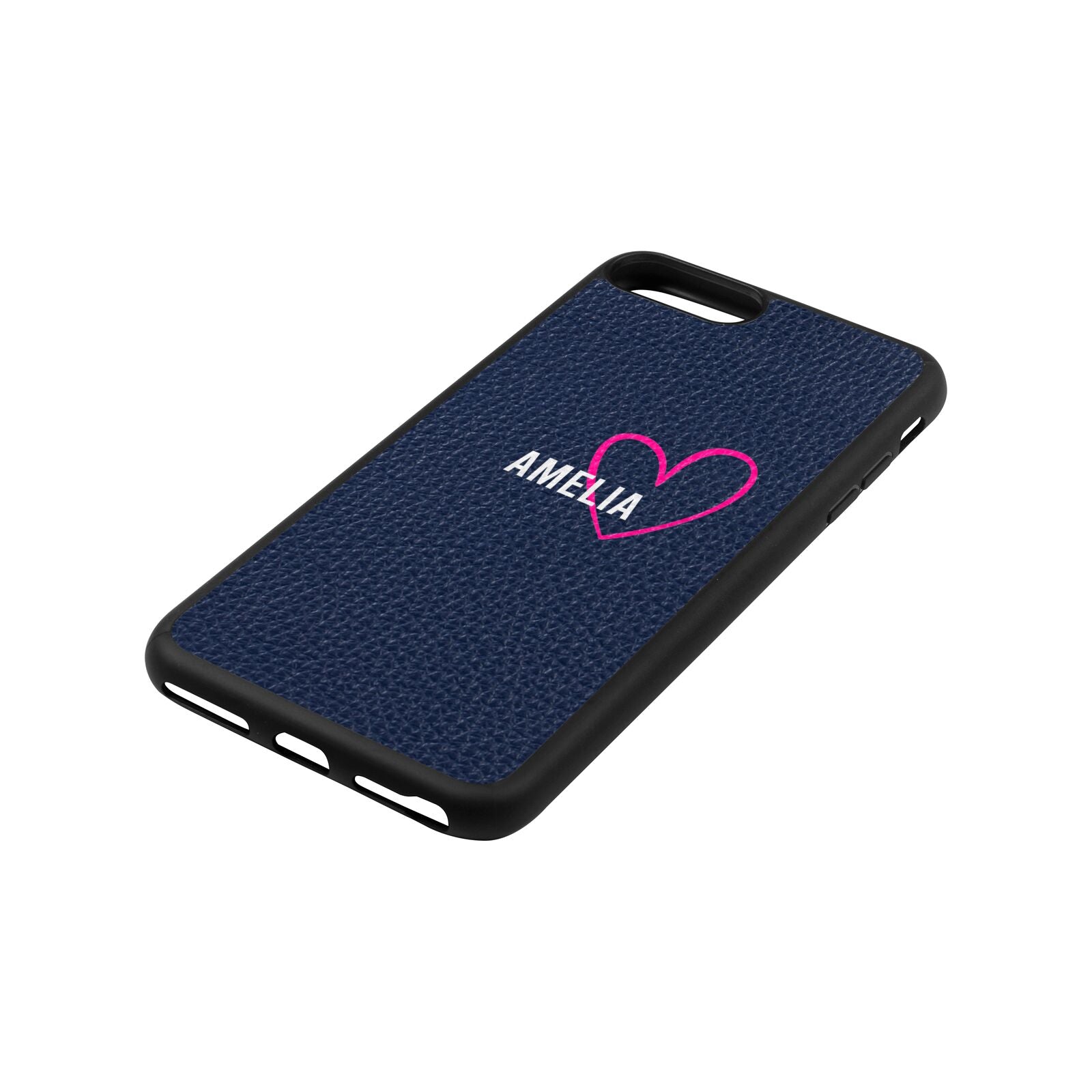 Personalised Font With Heart Navy Blue Pebble Leather iPhone 8 Plus Case Side Angle