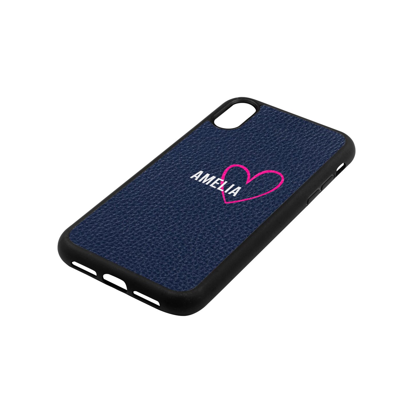 Personalised Font With Heart Navy Blue Pebble Leather iPhone Xr Case Side Angle