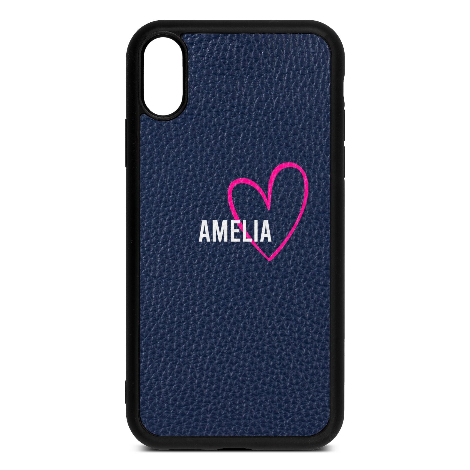 Personalised Font With Heart Navy Blue Pebble Leather iPhone Xr Case