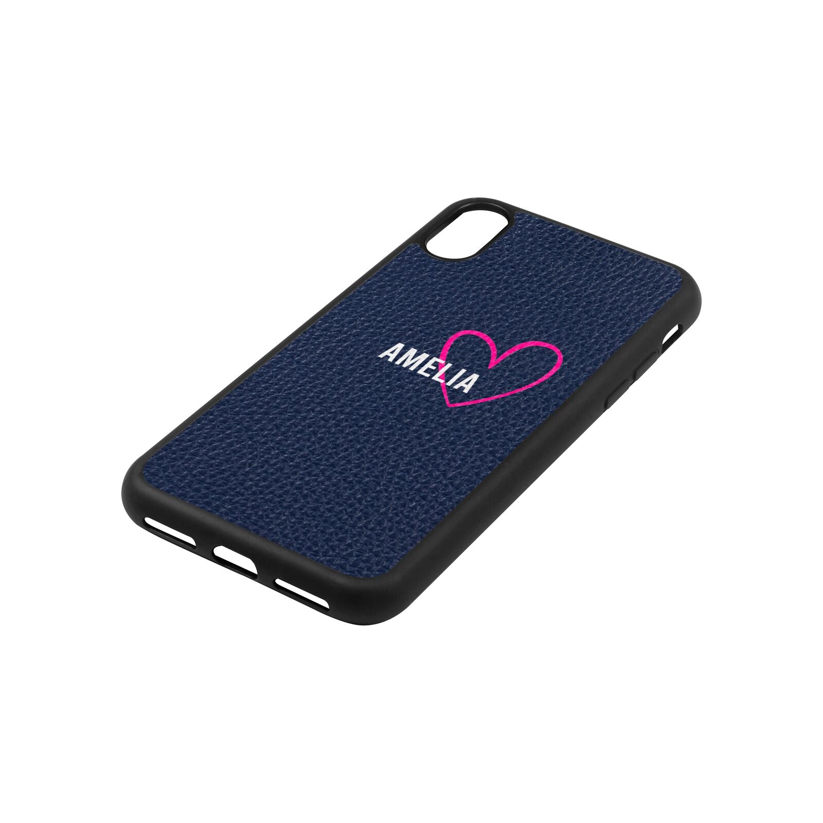 Personalised Font With Heart Navy Blue Pebble Leather iPhone Xs Case Side Image