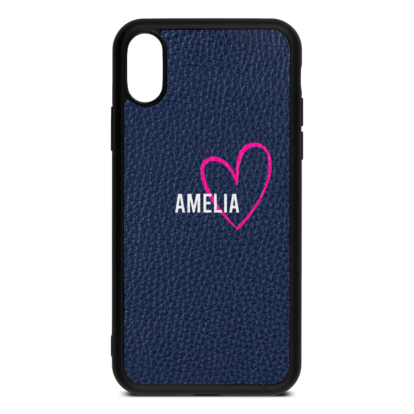 Personalised Font With Heart Navy Blue Pebble Leather iPhone Xs Case