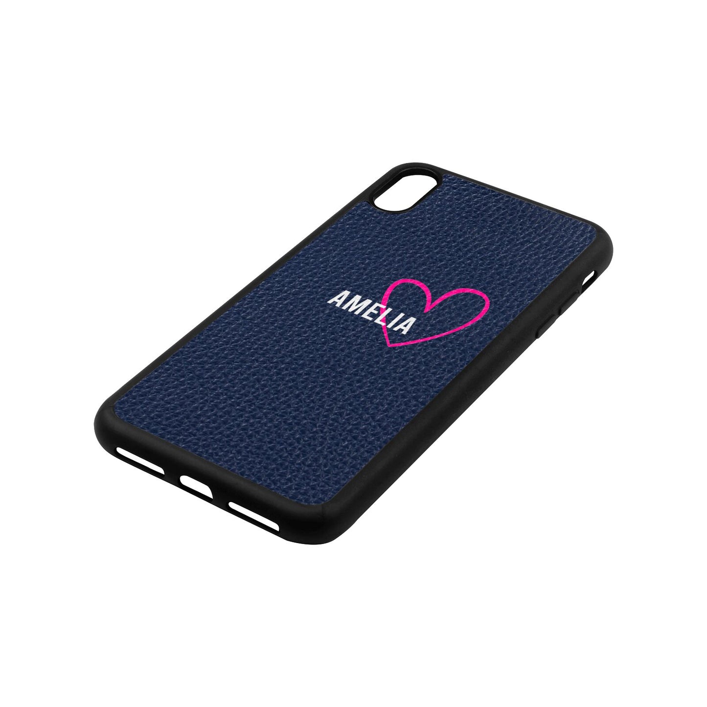 Personalised Font With Heart Navy Blue Pebble Leather iPhone Xs Max Case Side Image