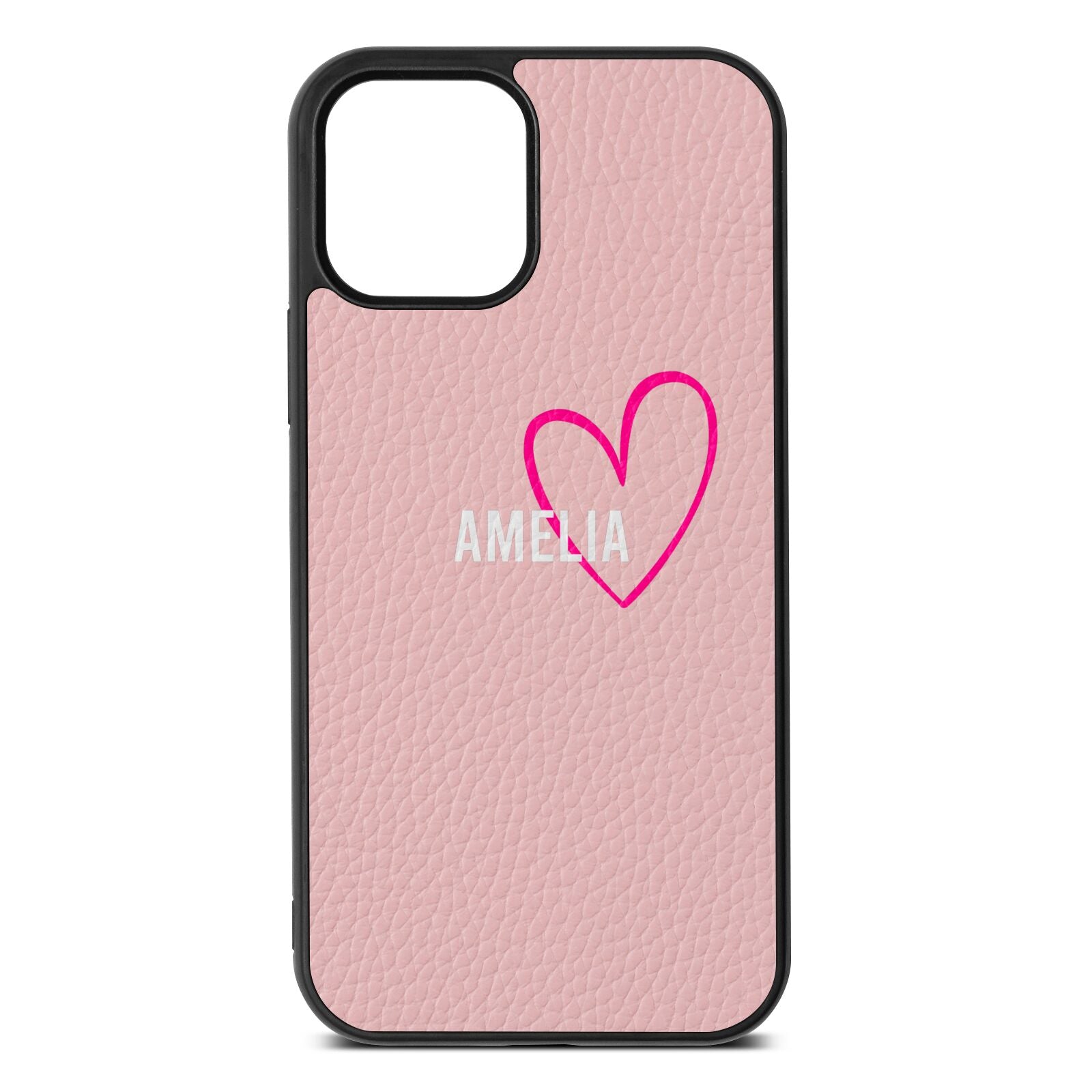 Personalised Font With Heart Pink Pebble Leather iPhone 12 Case