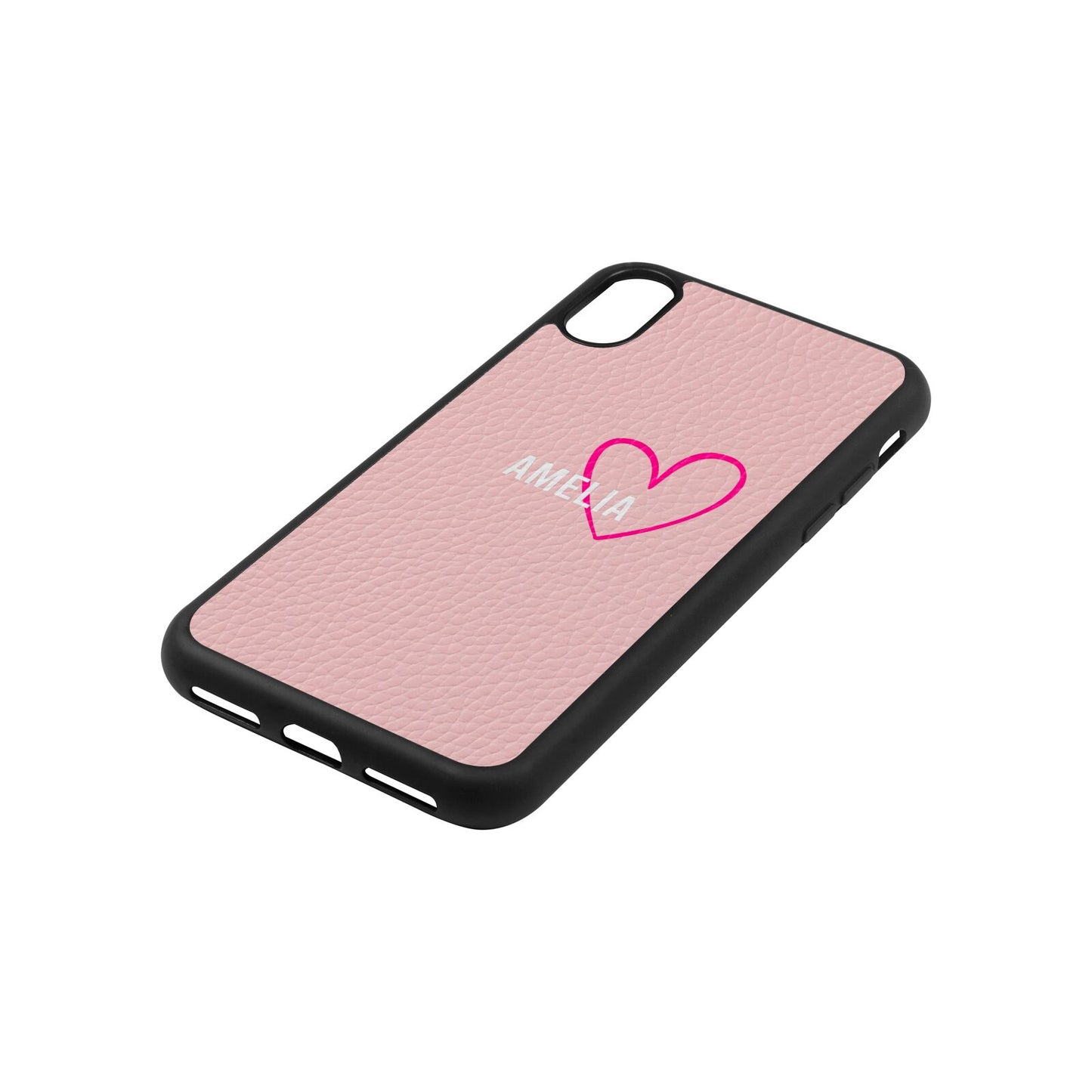 Personalised Font With Heart Pink Pebble Leather iPhone Xs Case Side Angle