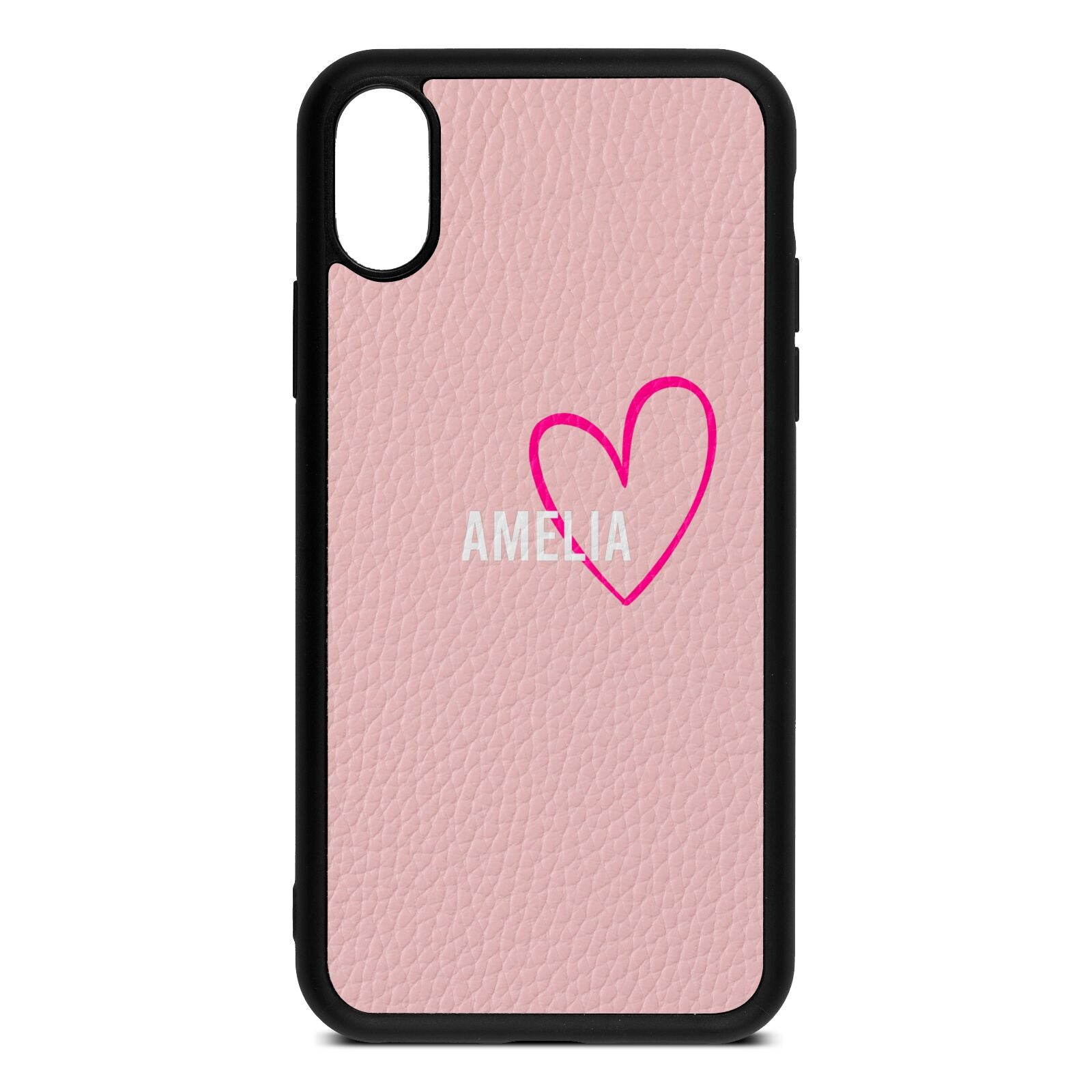 Personalised Font With Heart Pink Pebble Leather iPhone Xs Case