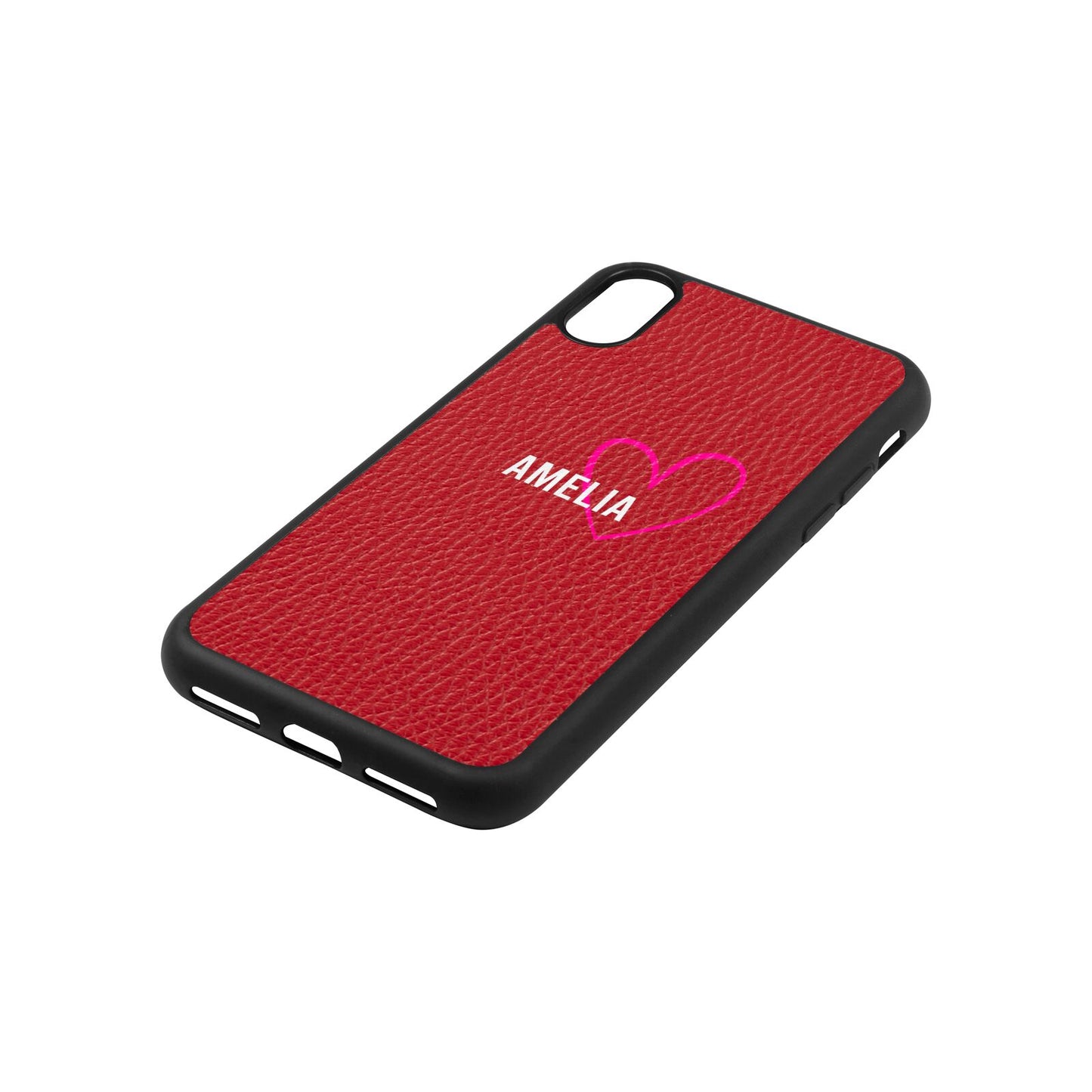 Personalised Font With Heart Red Pebble Leather iPhone Xs Case Side Angle