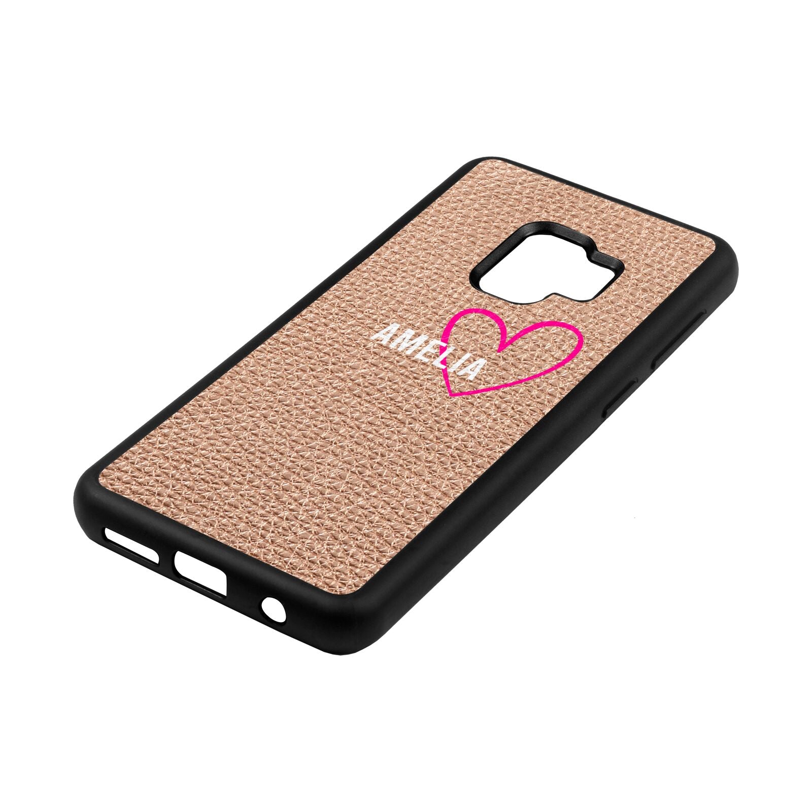 Personalised Font With Heart Rose Gold Pebble Leather Samsung S9 Case Side Angle