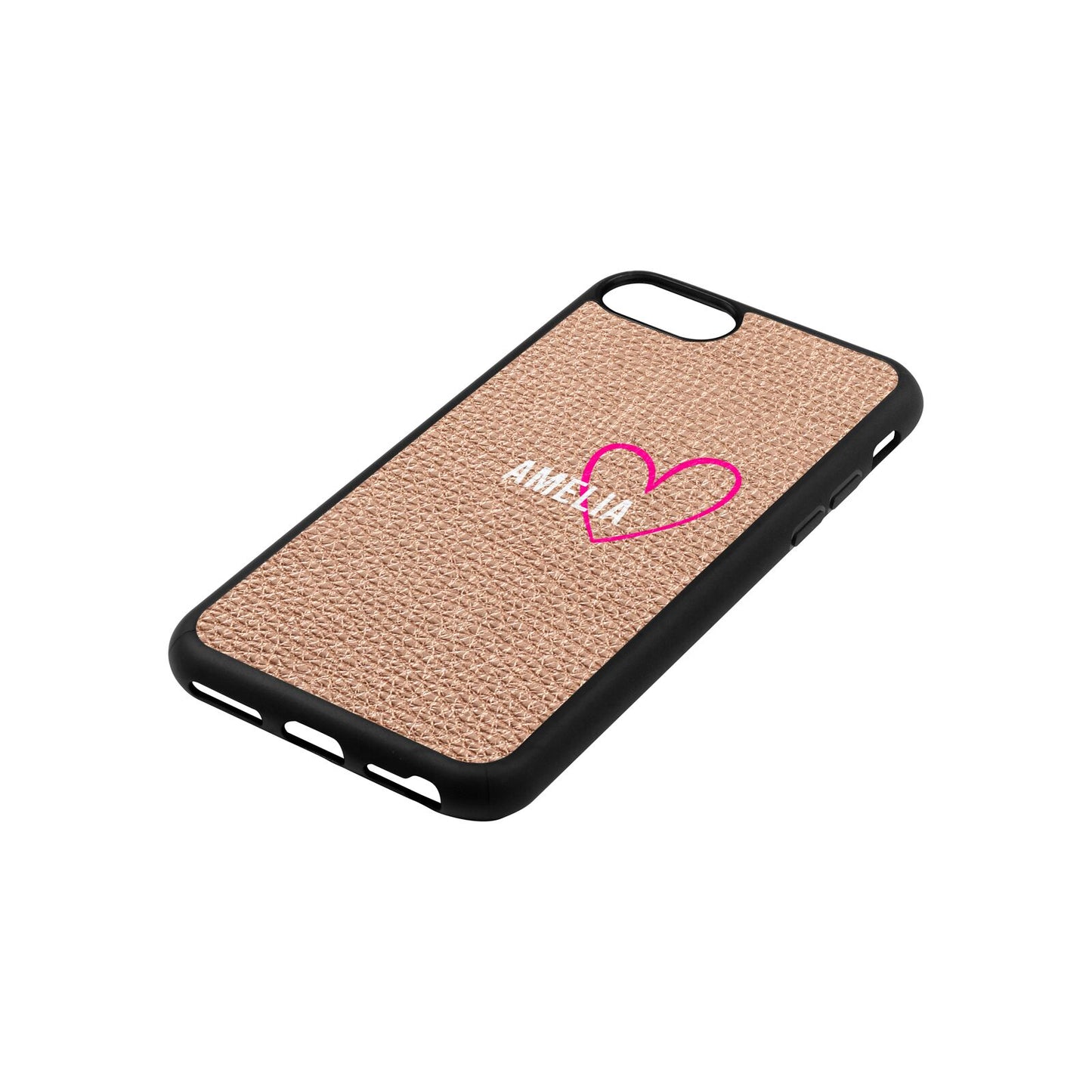 Personalised Font With Heart Rose Gold Pebble Leather iPhone 8 Case Side Angle