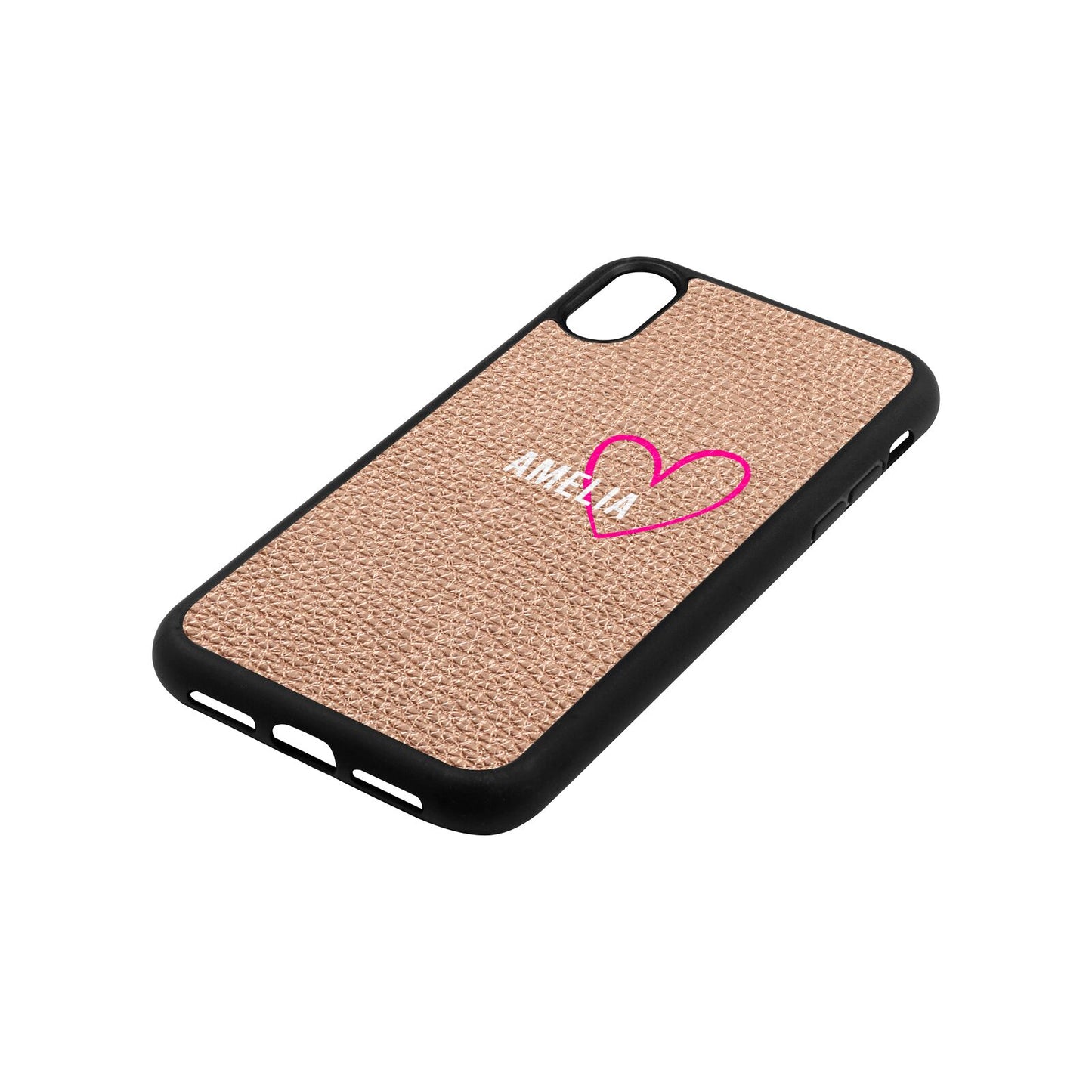 Personalised Font With Heart Rose Gold Pebble Leather iPhone Xr Case Side Angle