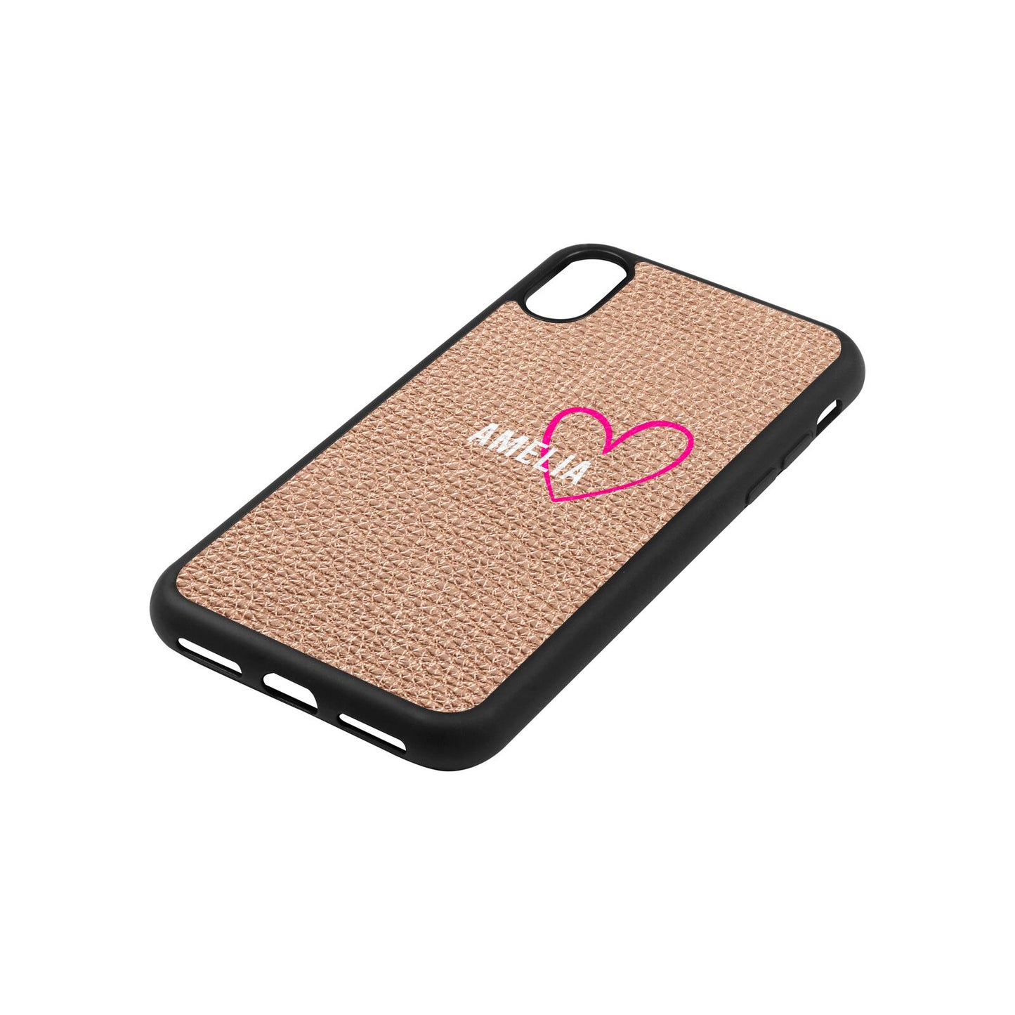 Personalised Font With Heart Rose Gold Pebble Leather iPhone Xs Case Side Angle