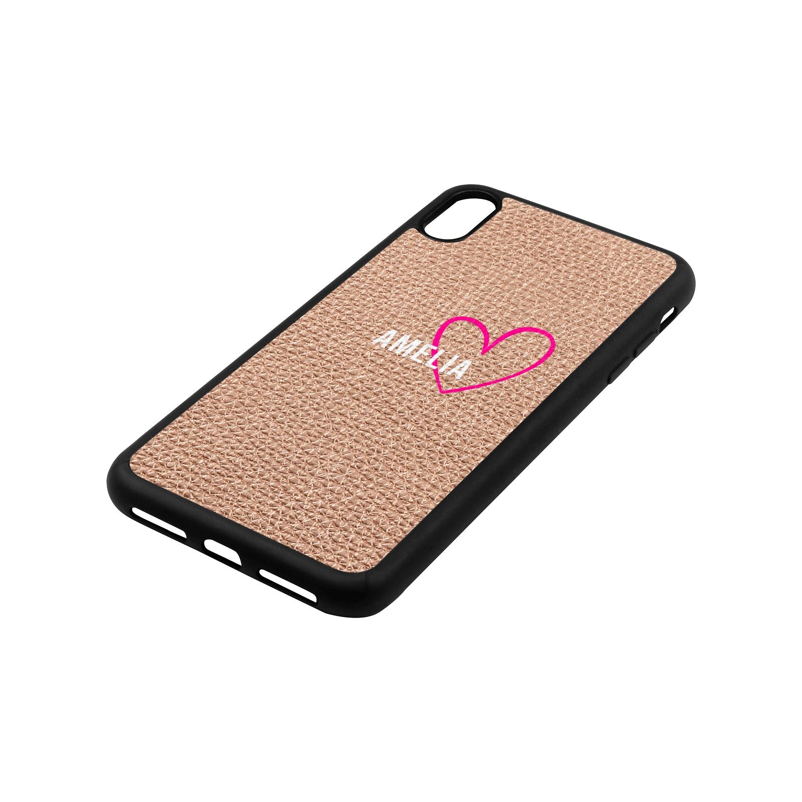 Personalised Font With Heart Rose Gold Pebble Leather iPhone Xs Max Case Side Angle