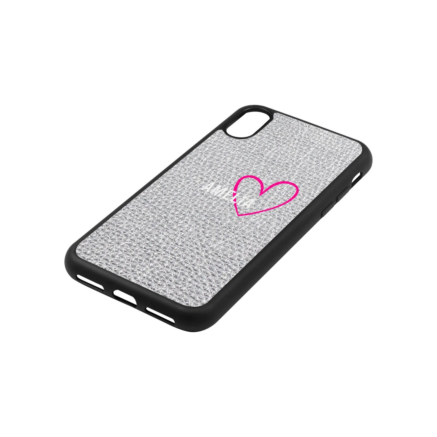 Personalised Font With Heart Silver Gold Pebble Leather iPhone Xs Case Side Angle