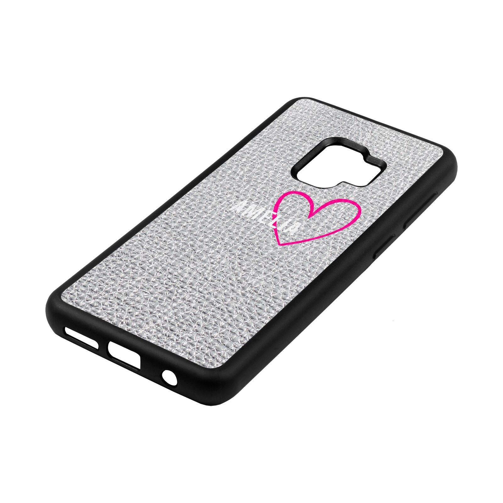 Personalised Font With Heart Silver Pebble Leather Samsung S9 Case Side Angle