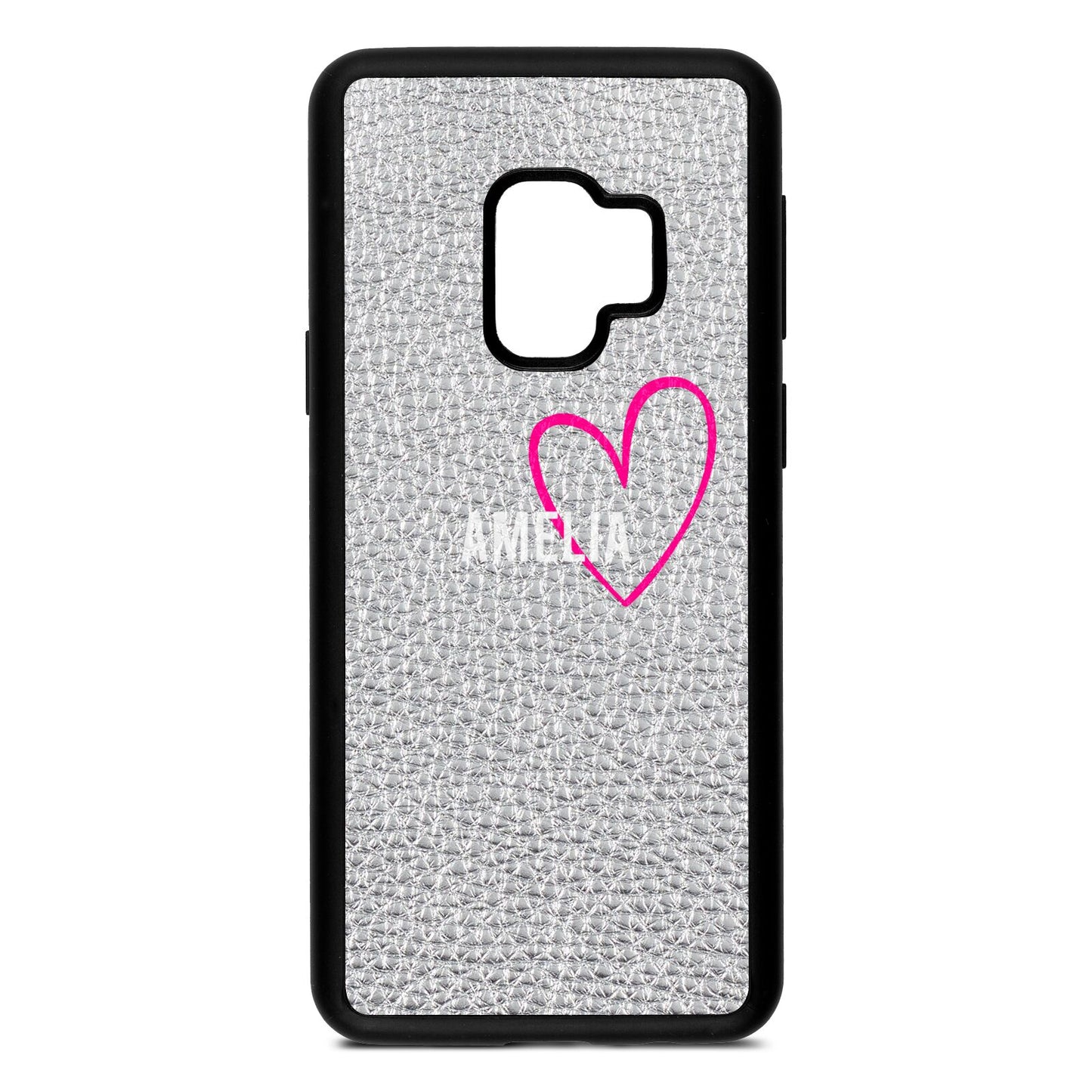 Personalised Font With Heart Silver Pebble Leather Samsung S9 Case