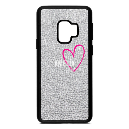 Personalised Font With Heart Silver Pebble Leather Samsung S9 Case