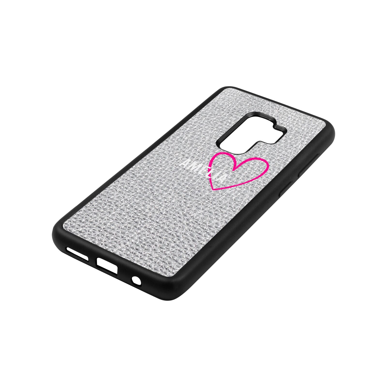 Personalised Font With Heart Silver Pebble Leather Samsung S9 Plus Case Side Angle