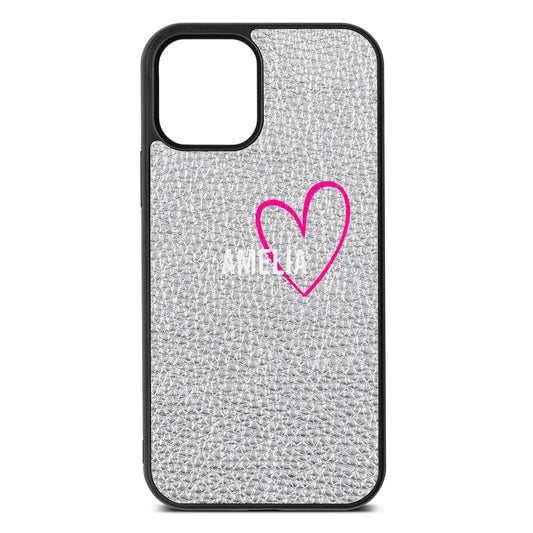 Personalised Font With Heart Silver Pebble Leather iPhone 12 Case