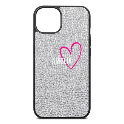 Personalised Font With Heart Silver Pebble Leather iPhone 13 Case