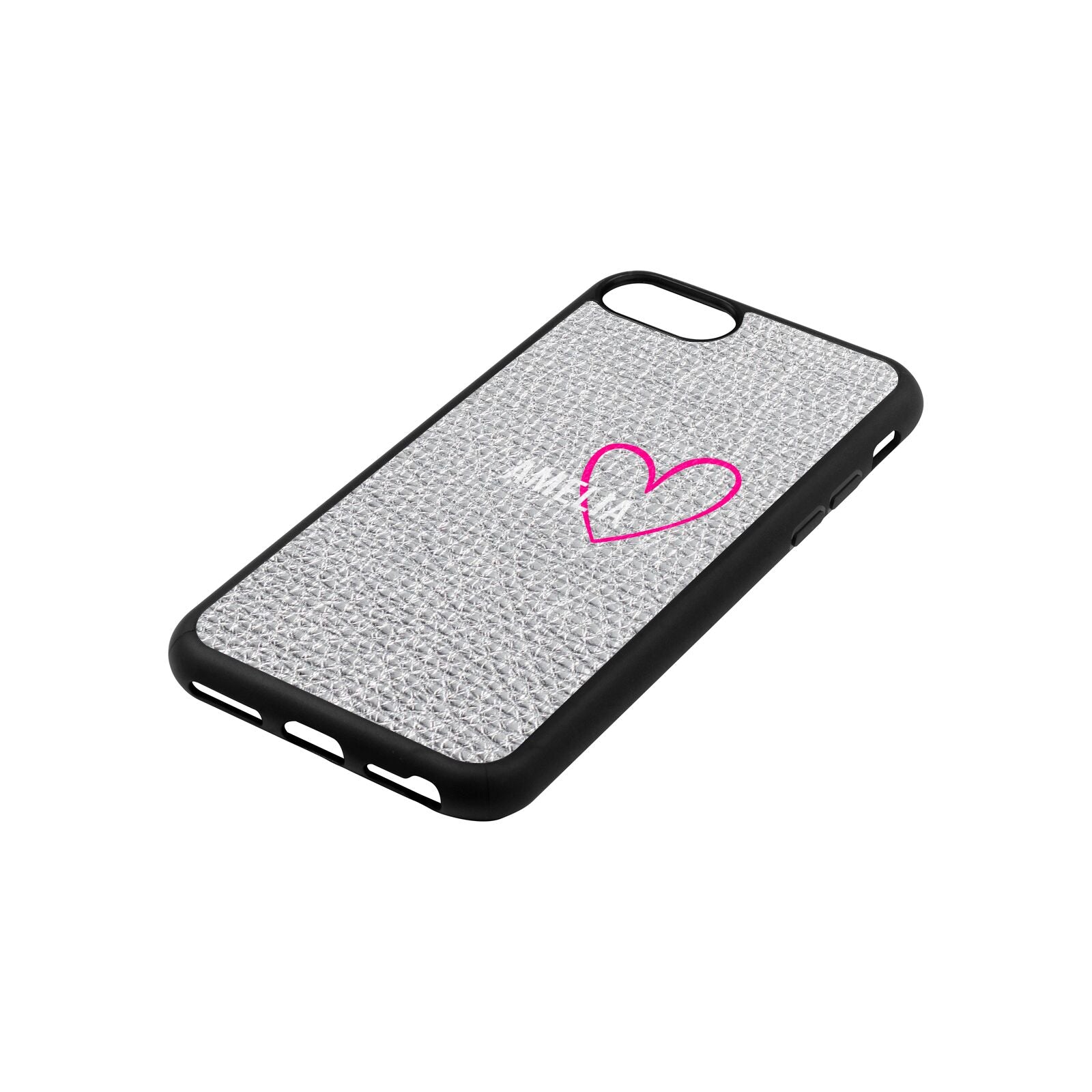 Personalised Font With Heart Silver Pebble Leather iPhone 8 Case Side Angle