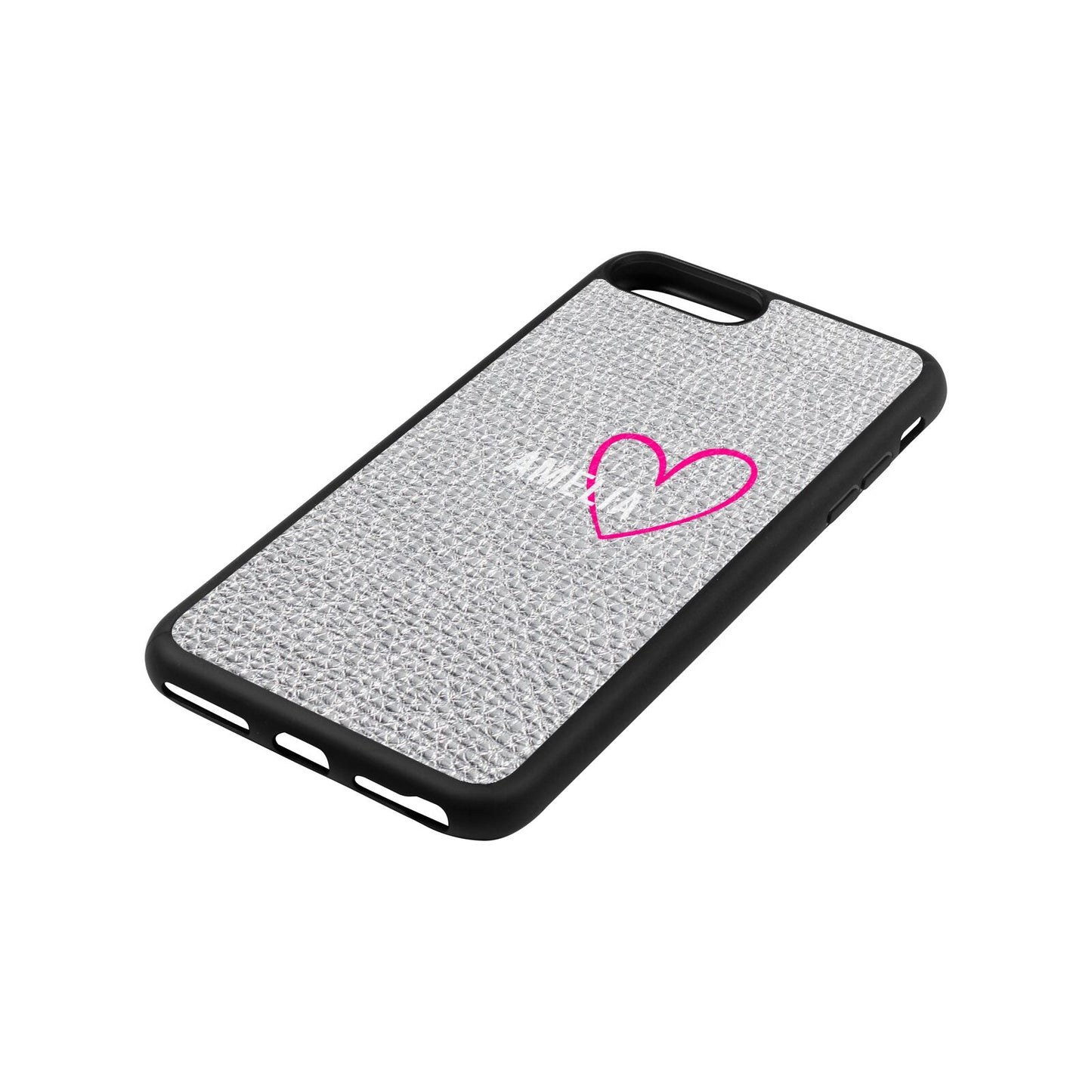 Personalised Font With Heart Silver Pebble Leather iPhone 8 Plus Case Side Angle