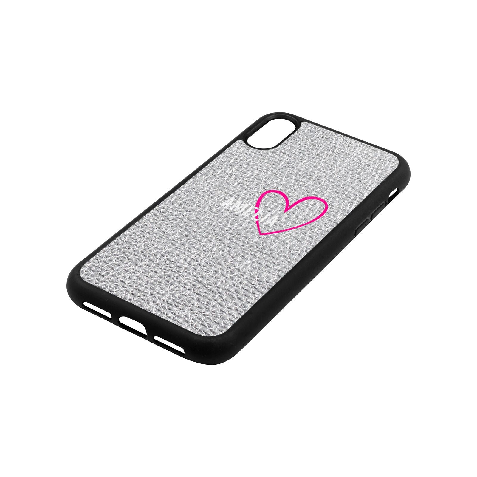 Personalised Font With Heart Silver Pebble Leather iPhone Xr Case Side Angle