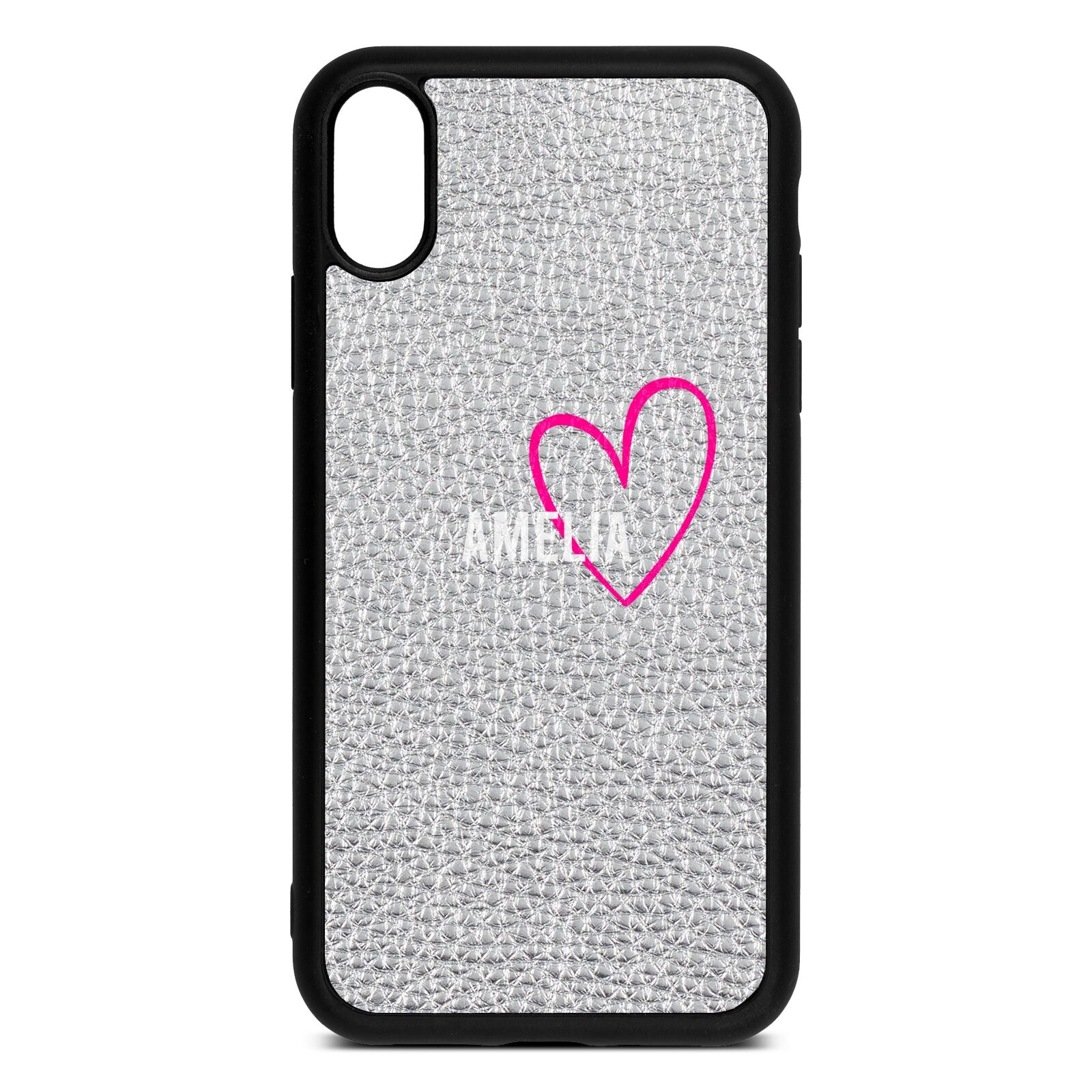 Personalised Font With Heart Silver Pebble Leather iPhone Xr Case