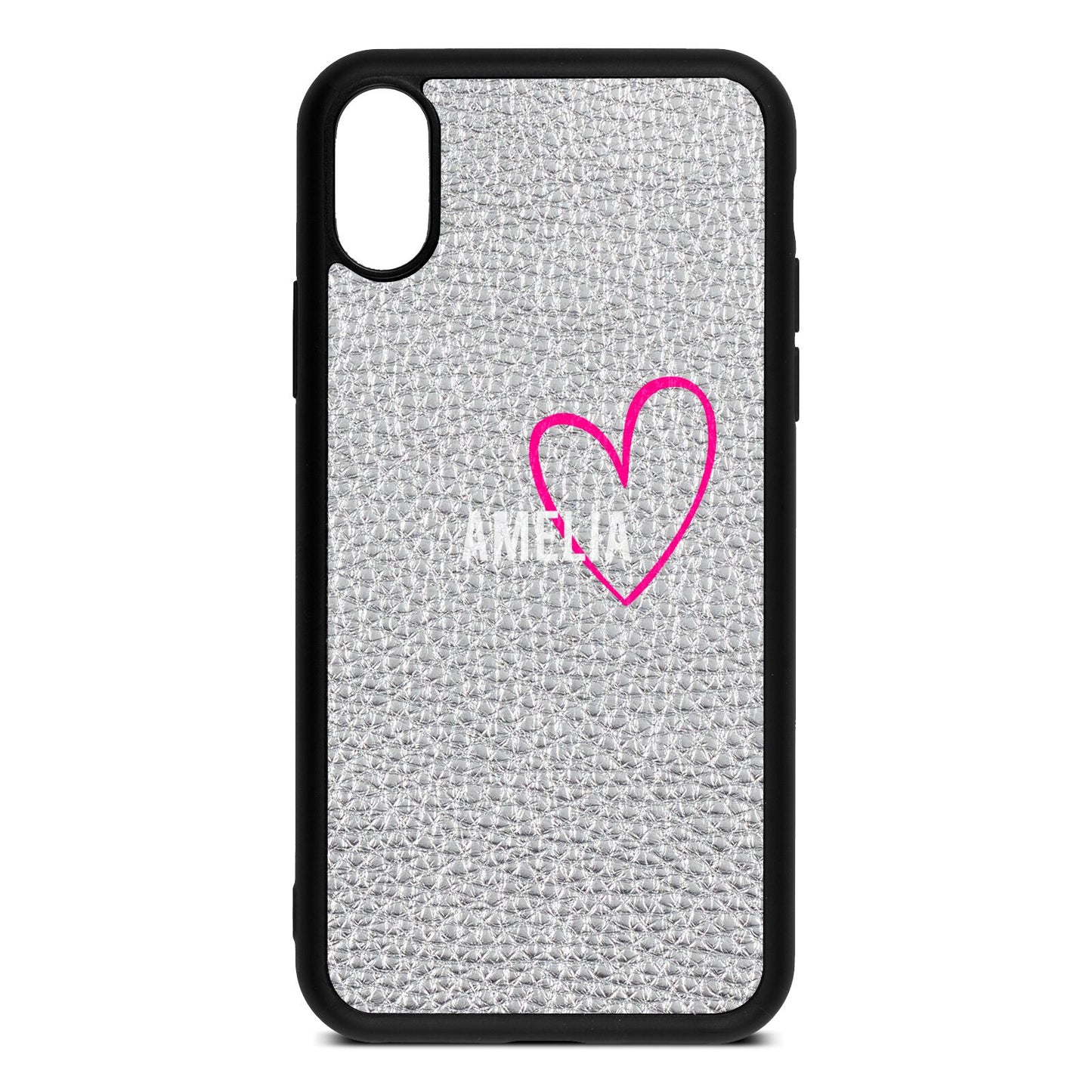 Personalised Font With Heart Silver Pebble Leather iPhone Xs Case