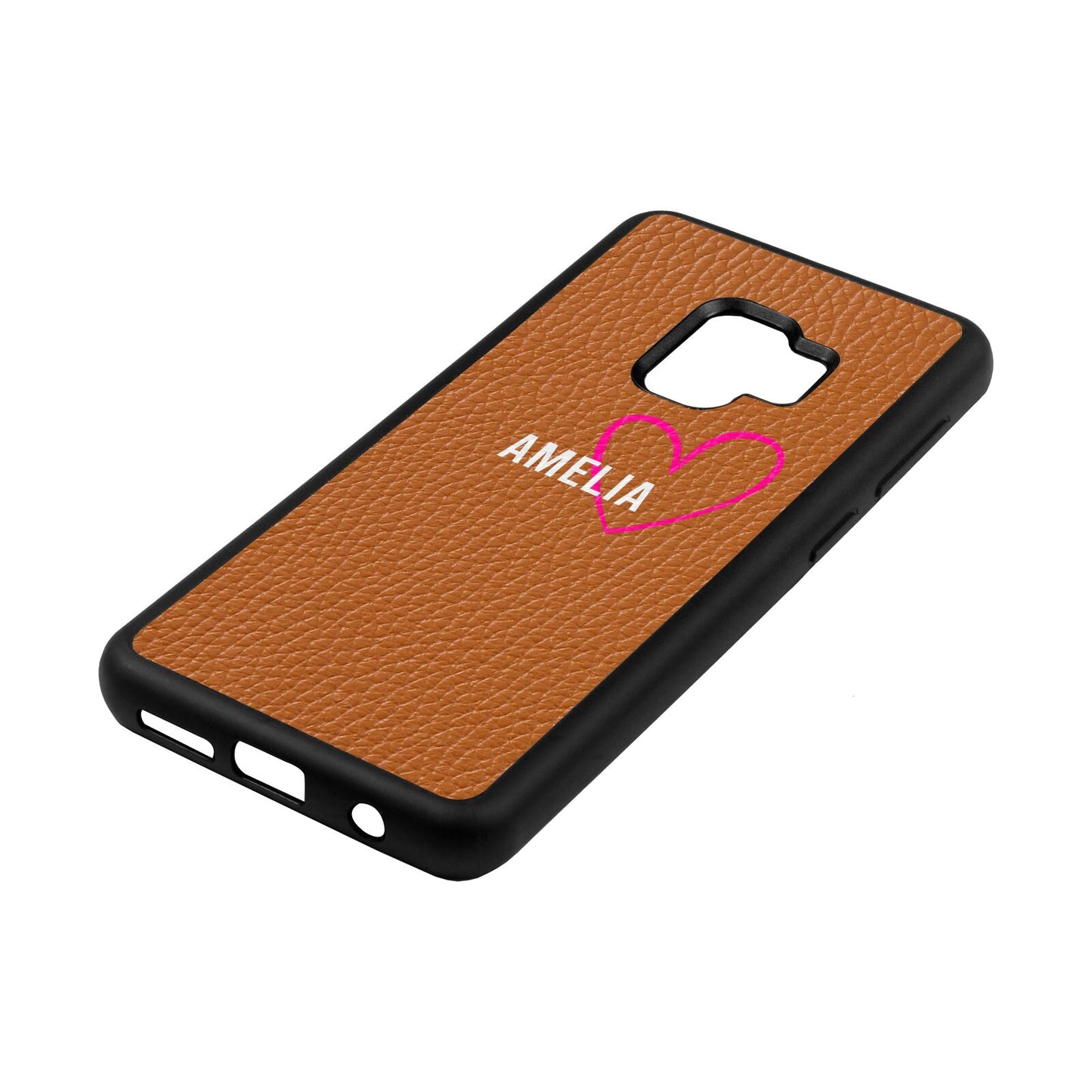 Personalised Font With Heart Tan Pebble Leather Samsung S9 Case Side Angle