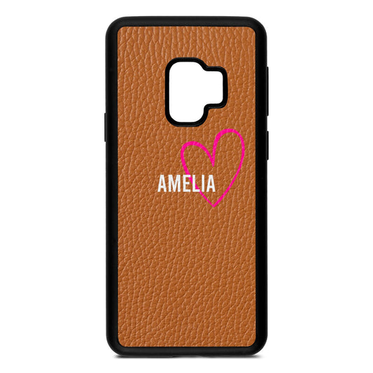 Personalised Font With Heart Tan Pebble Leather Samsung S9 Case