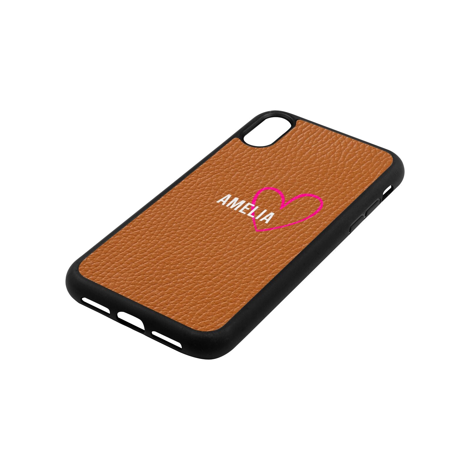 Personalised Font With Heart Tan Pebble Leather iPhone Xr Case Side Angle