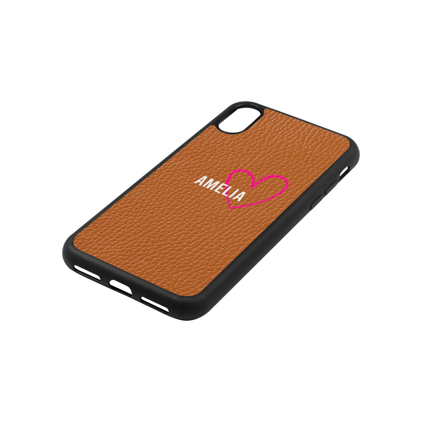 Personalised Font With Heart Tan Pebble Leather iPhone Xs Case Side Angle