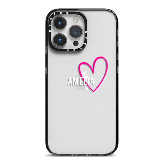 Personalised Font With Heart iPhone 14 Pro Max Black Impact Case on Silver phone