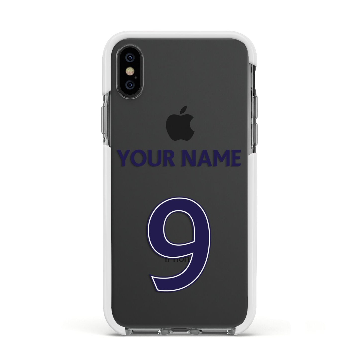 Personalised Football Name and Number Apple iPhone Xs Impact Case White Edge on Black Phone