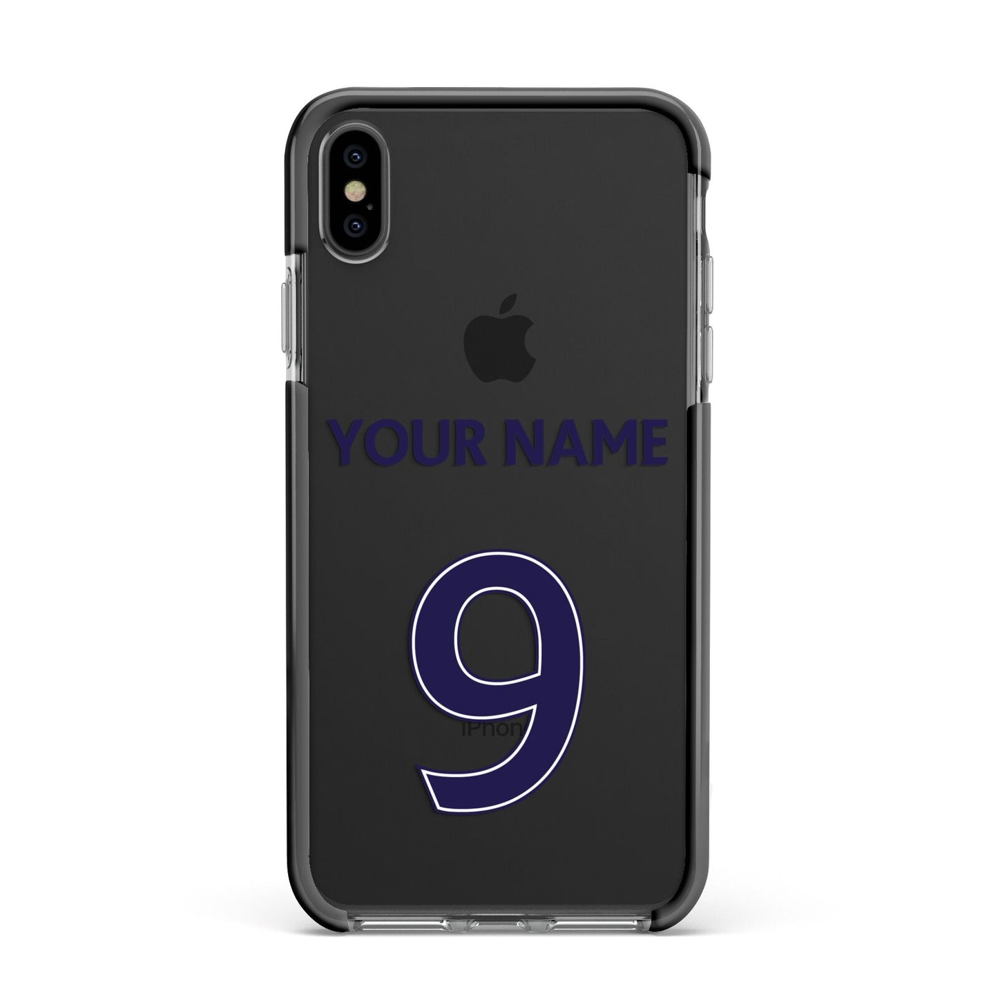 Personalised Football Name and Number Apple iPhone Xs Max Impact Case Black Edge on Black Phone