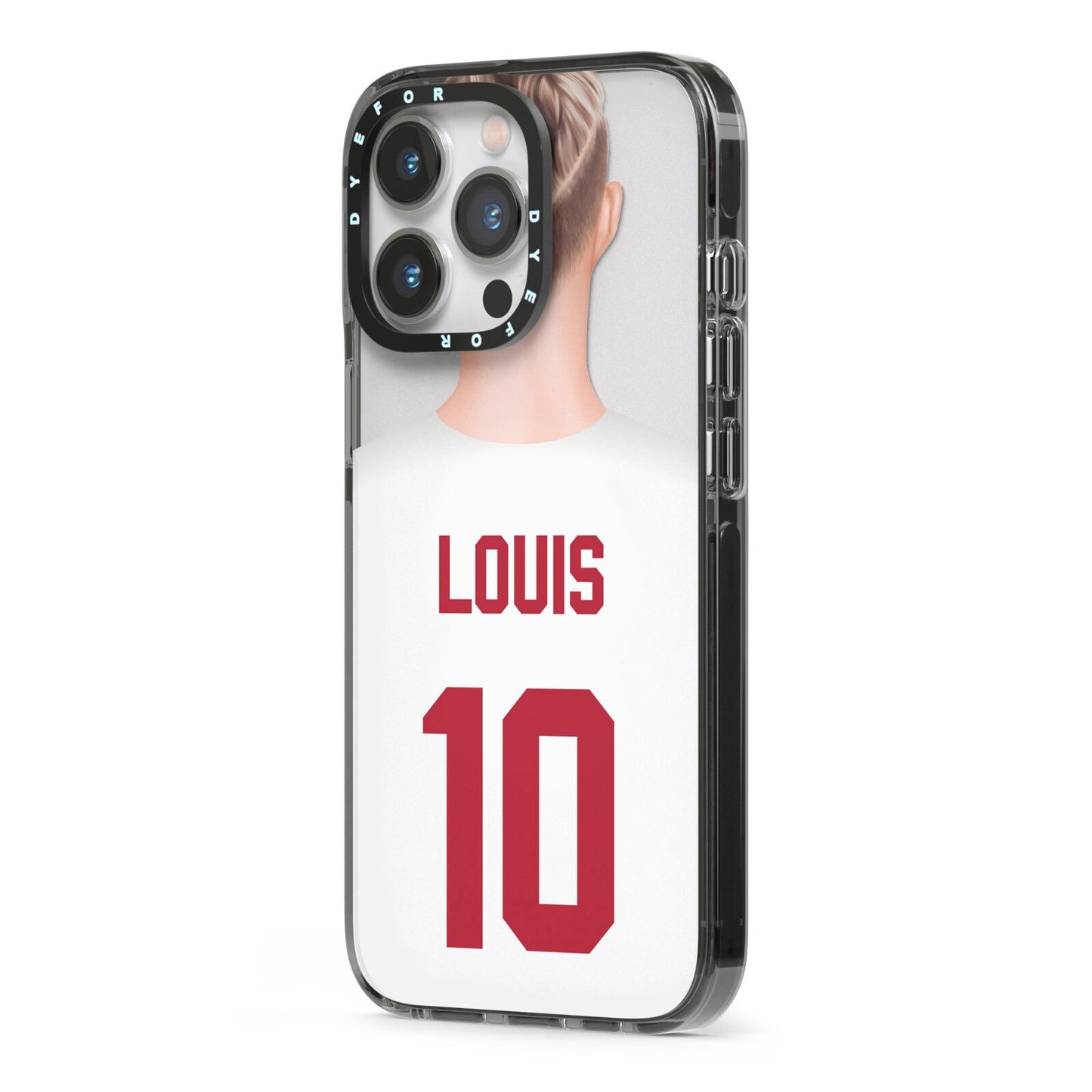 Personalised Football Shirt iPhone 13 Pro Black Impact Case Side Angle on Silver phone